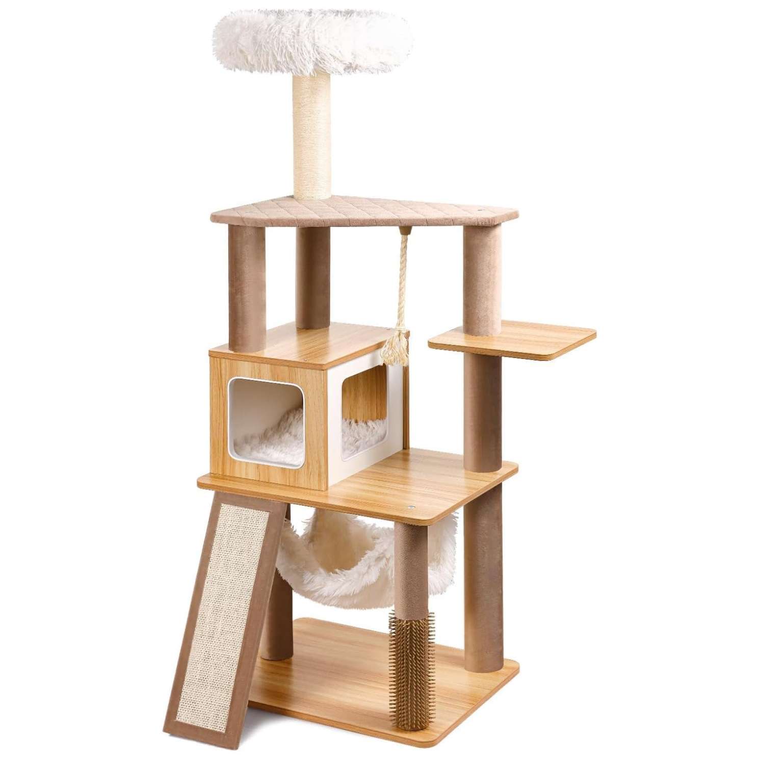 Torre rascador de madera nordica de 155 cm. Base 60 por 45 cm. Percha extragrande y estabilidad total para varios gatos.