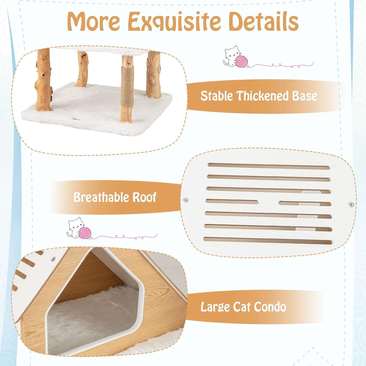 Torre rascador de madera maciza de pera (ciento cincuenta y dos centimetros). Base ultra solida, cojines de felpa y rascador de sisal para gatos.