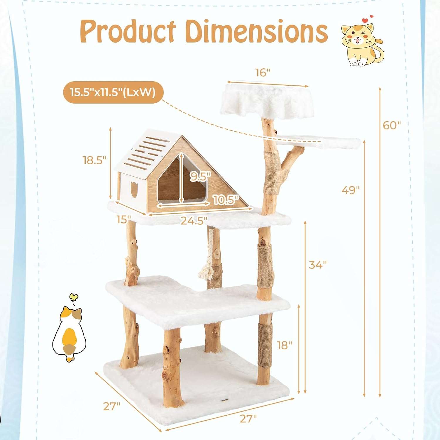 Torre rascador de madera maciza de pera (ciento cincuenta y dos centimetros). Base ultra solida, cojines de felpa y rascador de sisal para gatos.