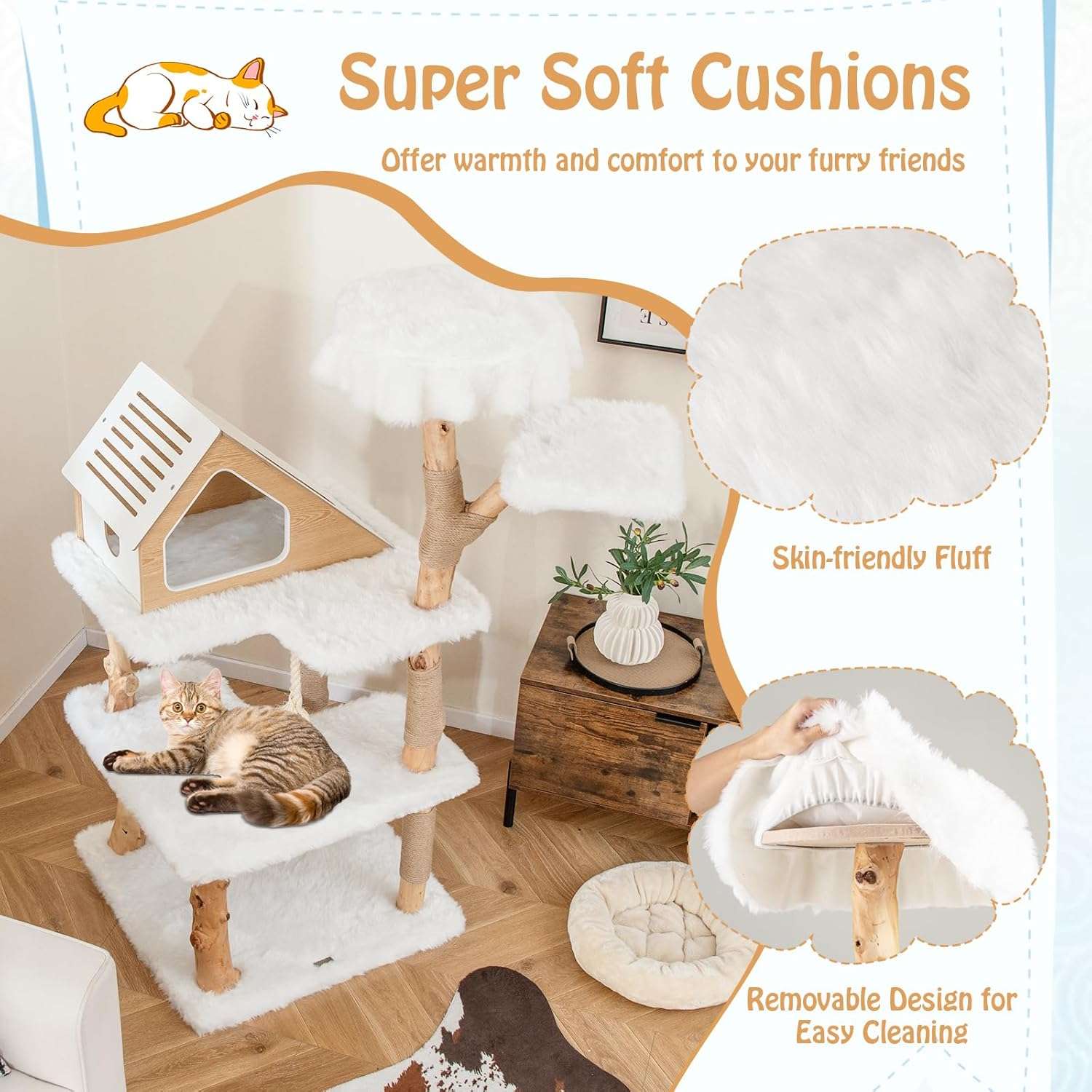 Torre rascador de madera maciza de pera (ciento cincuenta y dos centimetros). Base ultra solida, cojines de felpa y rascador de sisal para gatos.