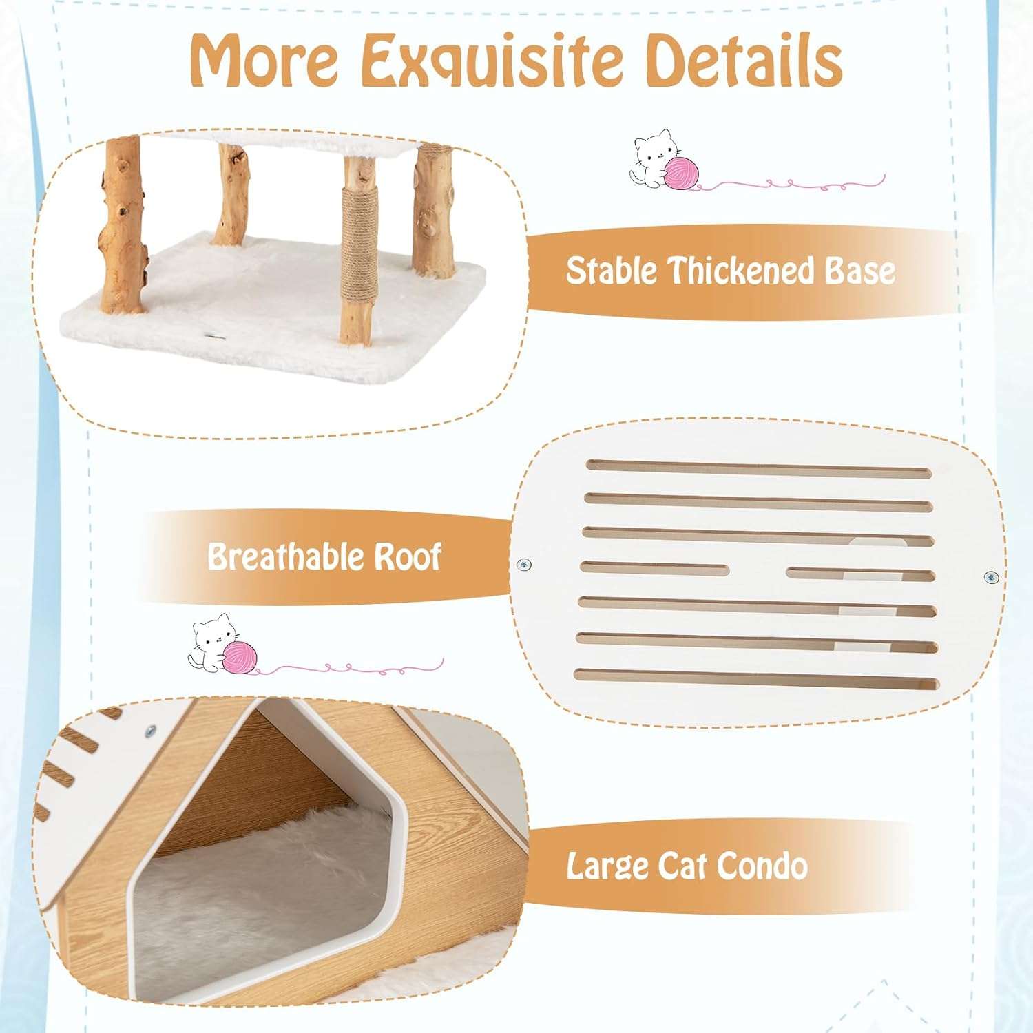 Torre rascador de madera maciza de pera (ciento cincuenta y dos centimetros). Base ultra solida, cojines de felpa y rascador de sisal para gatos.