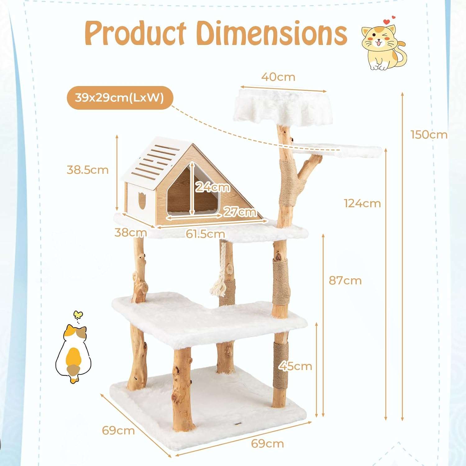 Torre rascador de madera maciza de pera (ciento cincuenta y dos centimetros). Base ultra solida, cojines de felpa y rascador de sisal para gatos.