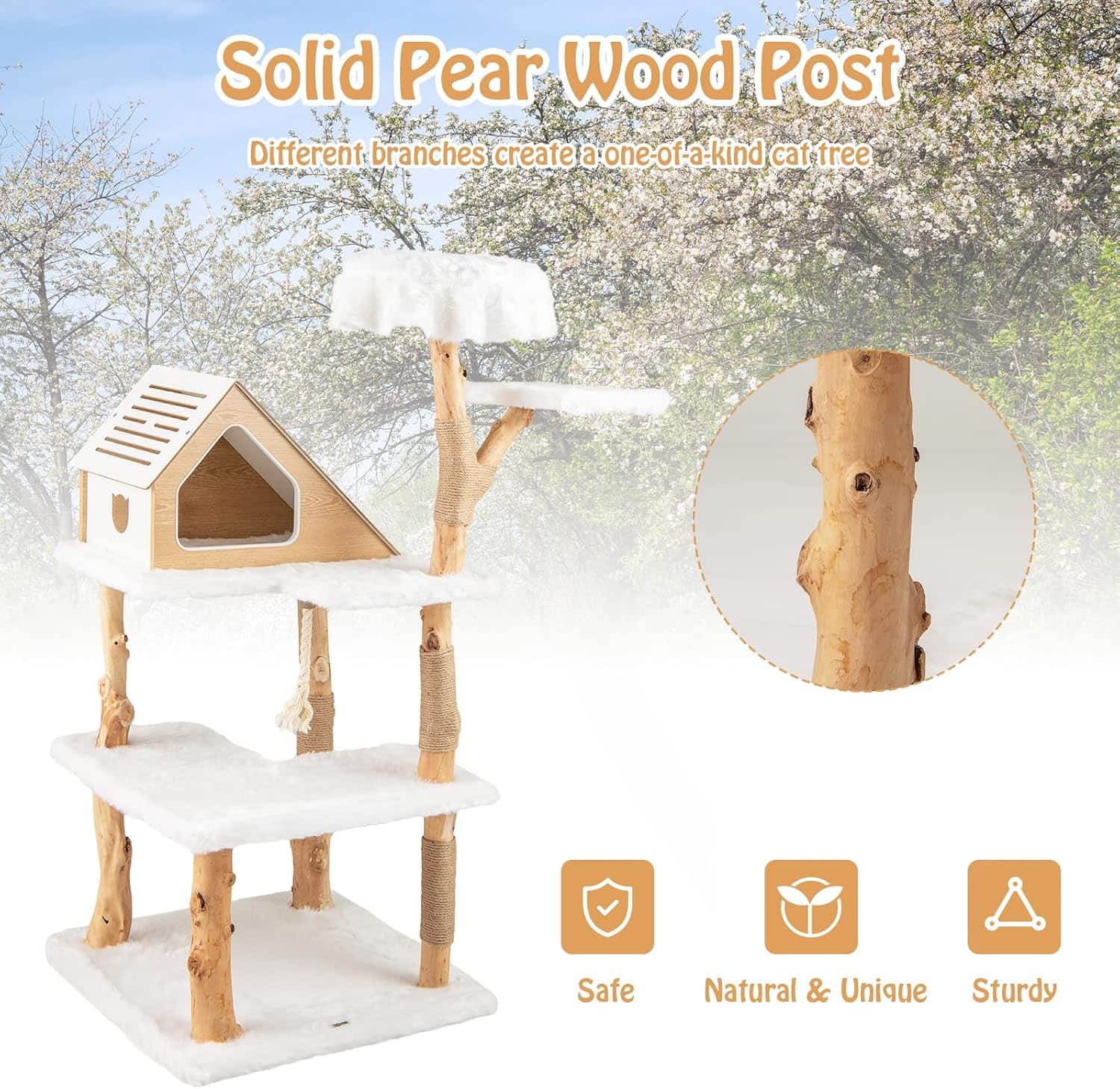 Torre rascador de madera maciza de pera (ciento cincuenta y dos centimetros). Base ultra solida, cojines de felpa y rascador de sisal para gatos.