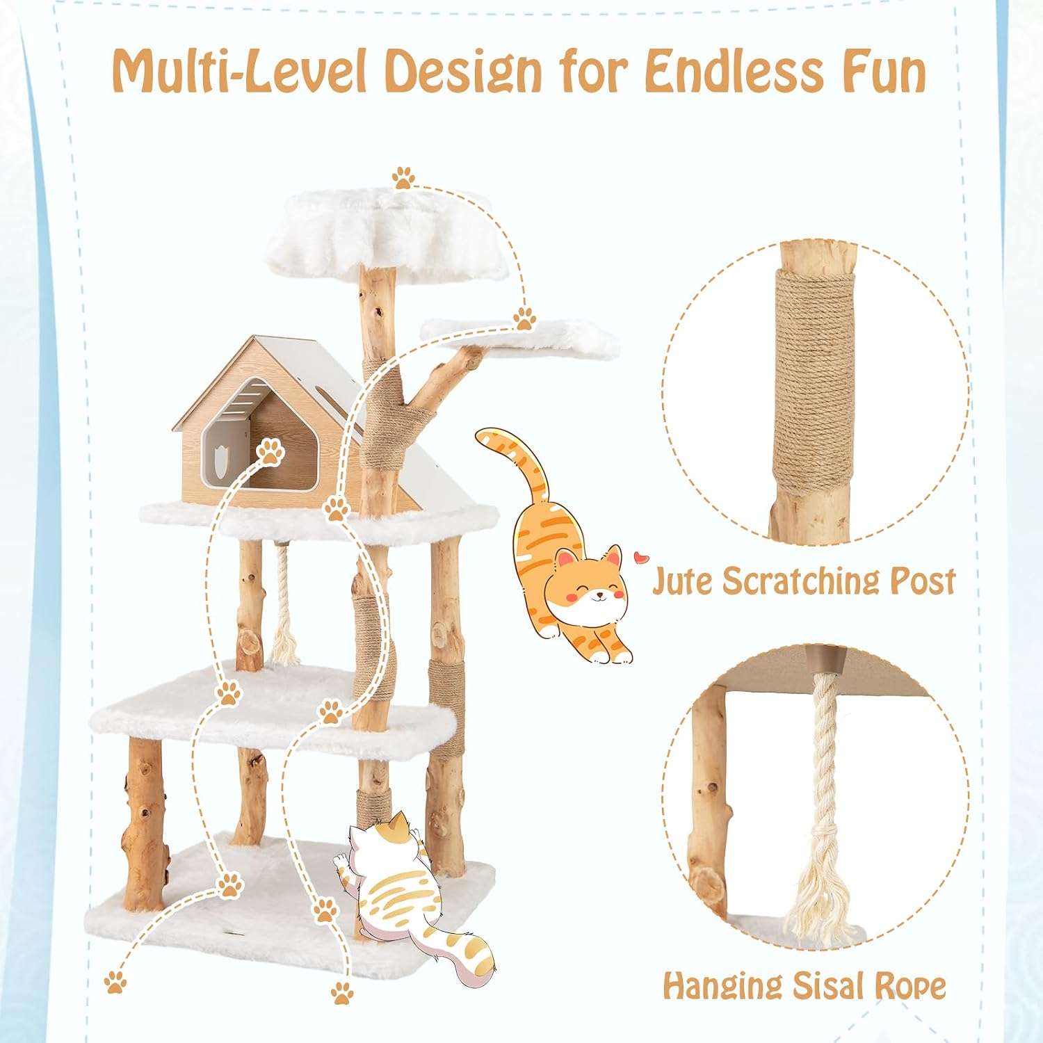 Torre rascador de madera maciza de pera (ciento cincuenta y dos centimetros). Base ultra solida, cojines de felpa y rascador de sisal para gatos.