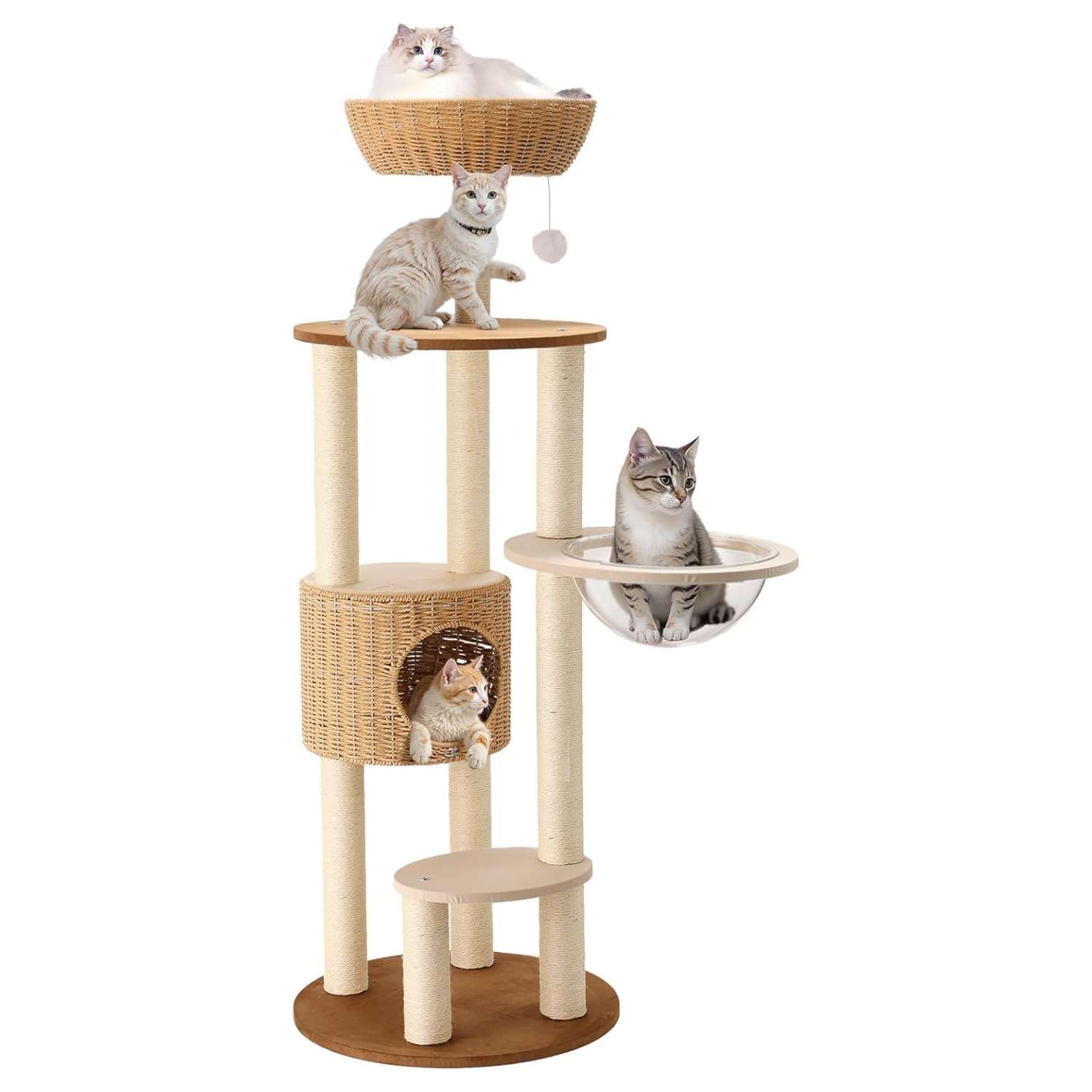 Torre rascador de ratan (ciento cincuenta centimetros). Estructura de acero, base anti-punta y ventilacion para gatos grandes.