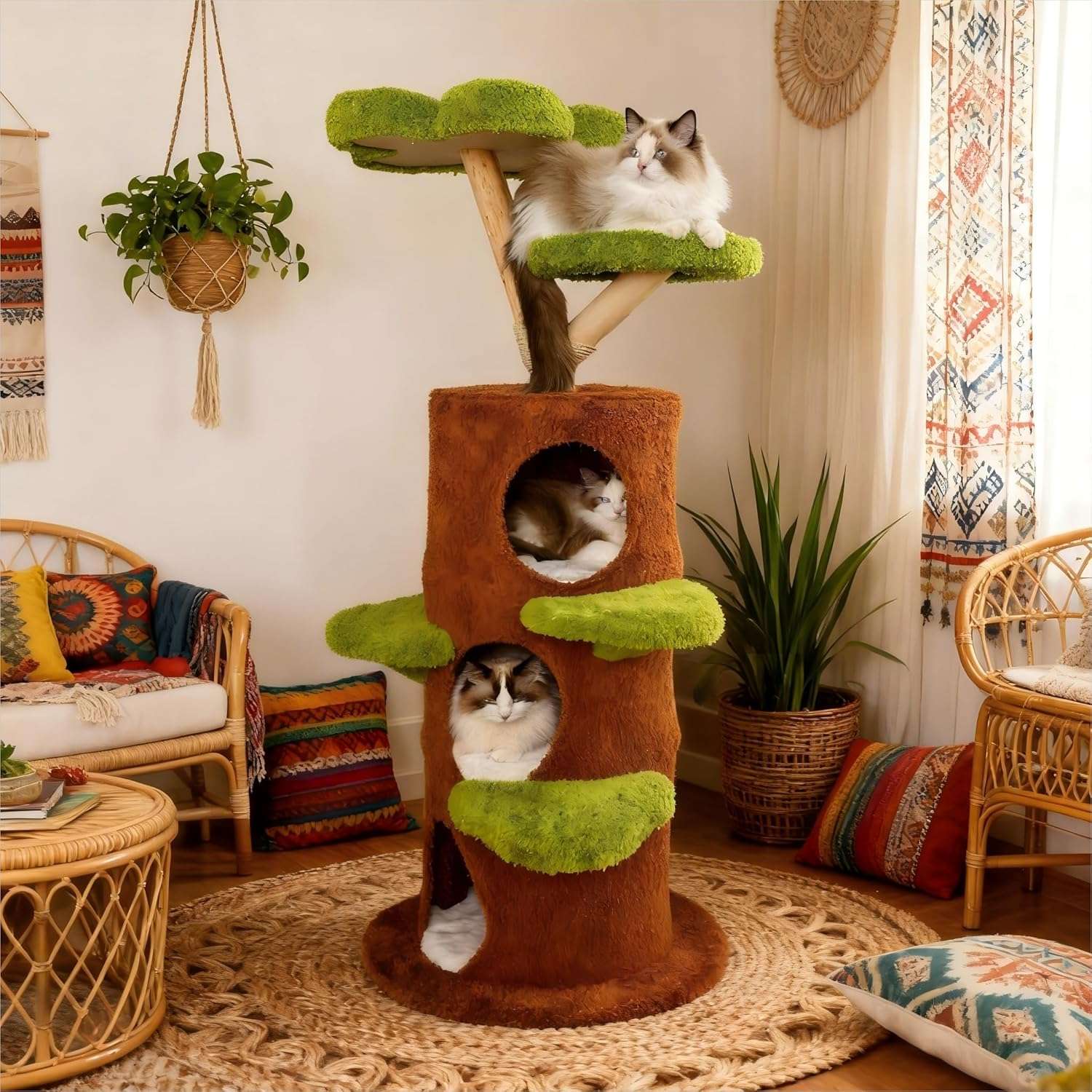 Torre rascador de tronco natural de 148 centimetros con base de 61 por 61 cm. Diseño de arbol real con madera de sauce y cestas acolchadas.