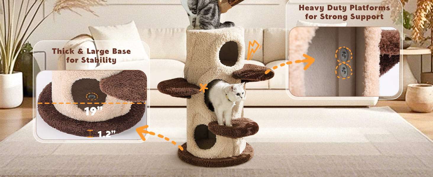 Torre rascador de tronco natural real de 147 centimetros con 3 condominios y cojines lavables para 5 gatos.