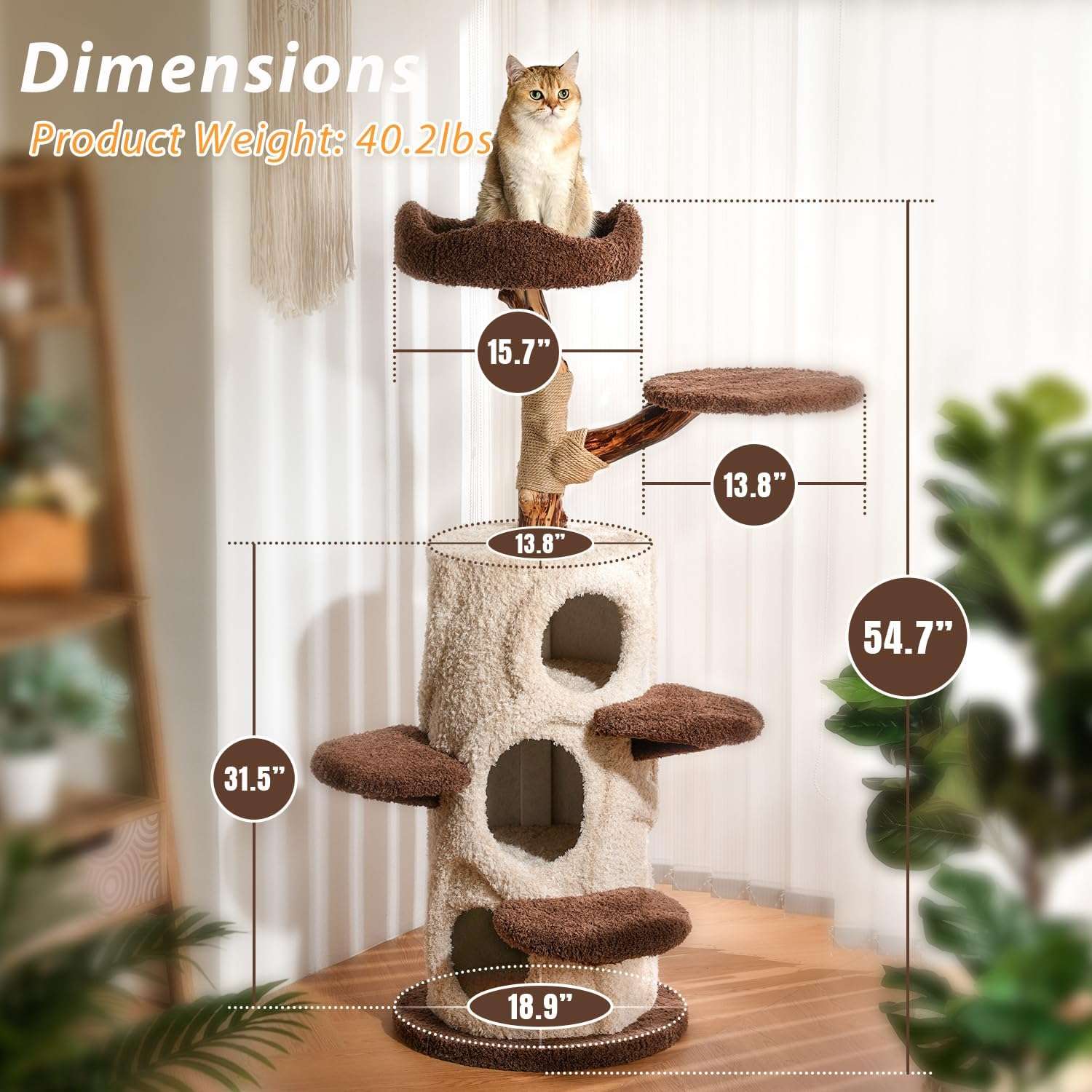 Torre rascador de tronco natural real de 147 centimetros con 3 condominios y cojines lavables para 5 gatos.