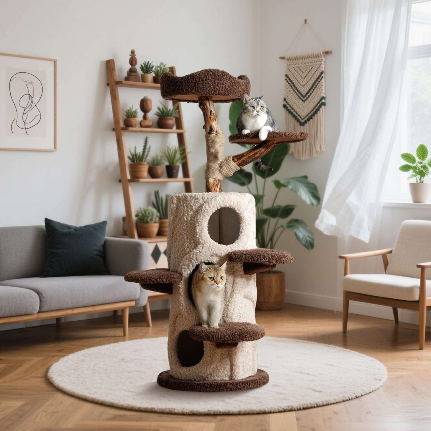 Torre rascador de tronco natural real de 147 centimetros con 3 condominios y cojines lavables para 5 gatos.