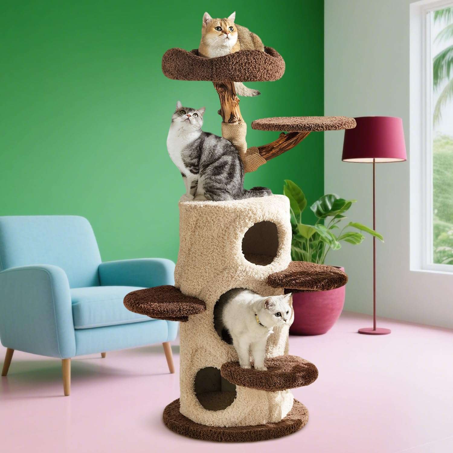 Torre rascador de tronco natural real de 147 centimetros con 3 condominios y cojines lavables para 5 gatos.