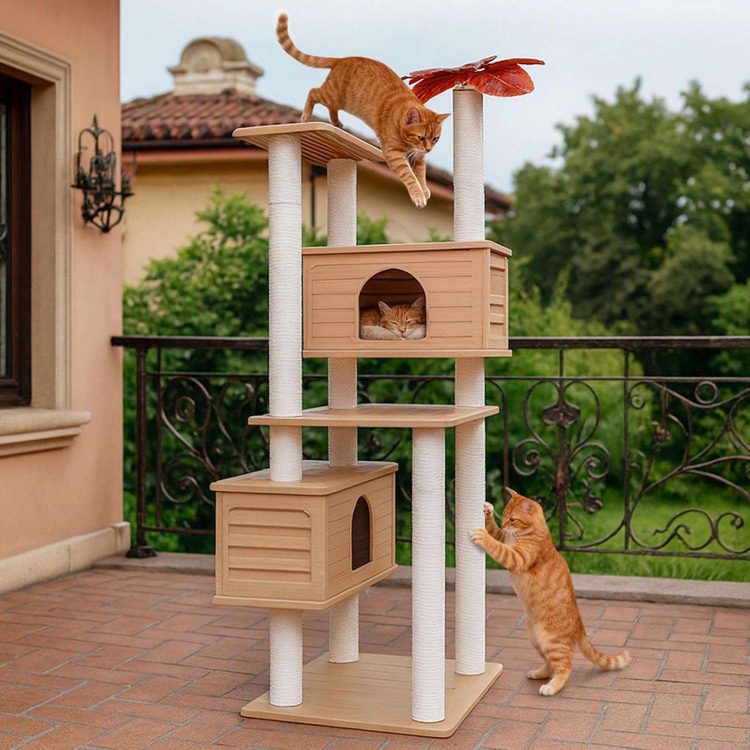 Torre rascador para gatos multiples (ciento sesenta y cinco centimetros). Doble condominio, a prueba de agua y anti-óxido.