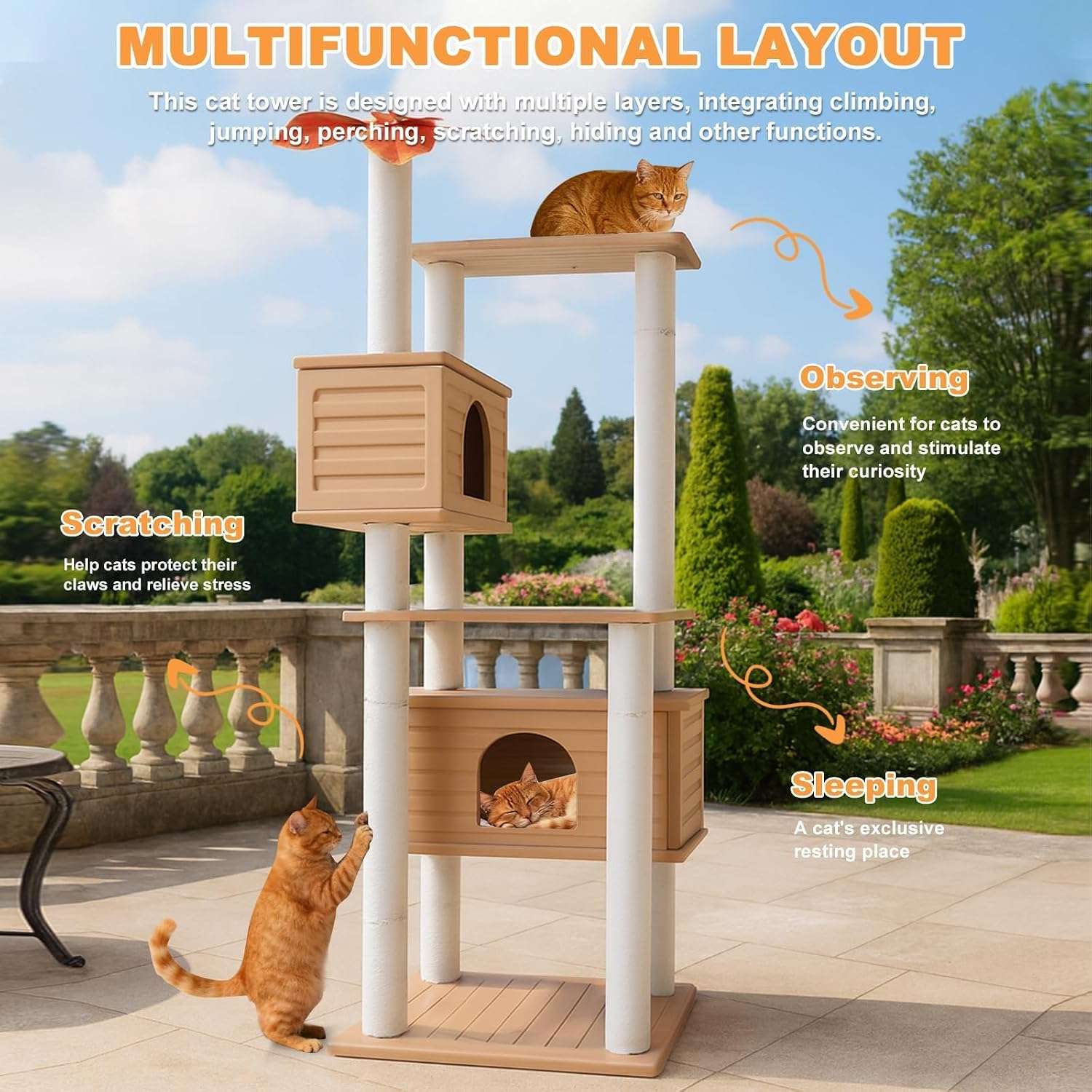 Torre rascador para gatos multiples (ciento sesenta y cinco centimetros). Doble condominio, a prueba de agua y anti-óxido.