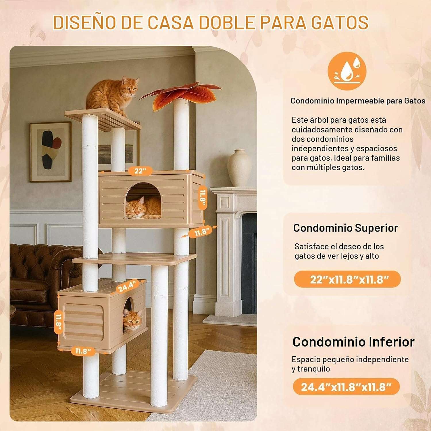 Torre rascador para gatos multiples (ciento sesenta y cinco centimetros). Doble condominio, a prueba de agua y anti-óxido.