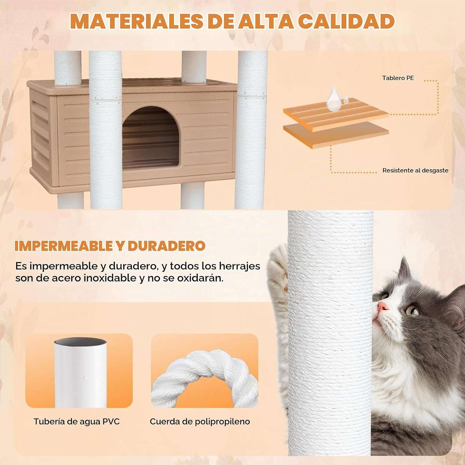 Torre rascador para gatos multiples (ciento sesenta y cinco centimetros). Doble condominio, a prueba de agua y anti-óxido.