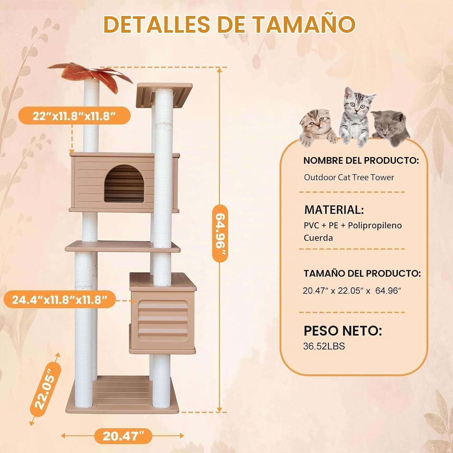 Torre rascador para gatos multiples (ciento sesenta y cinco centimetros). Doble condominio, a prueba de agua y anti-óxido.