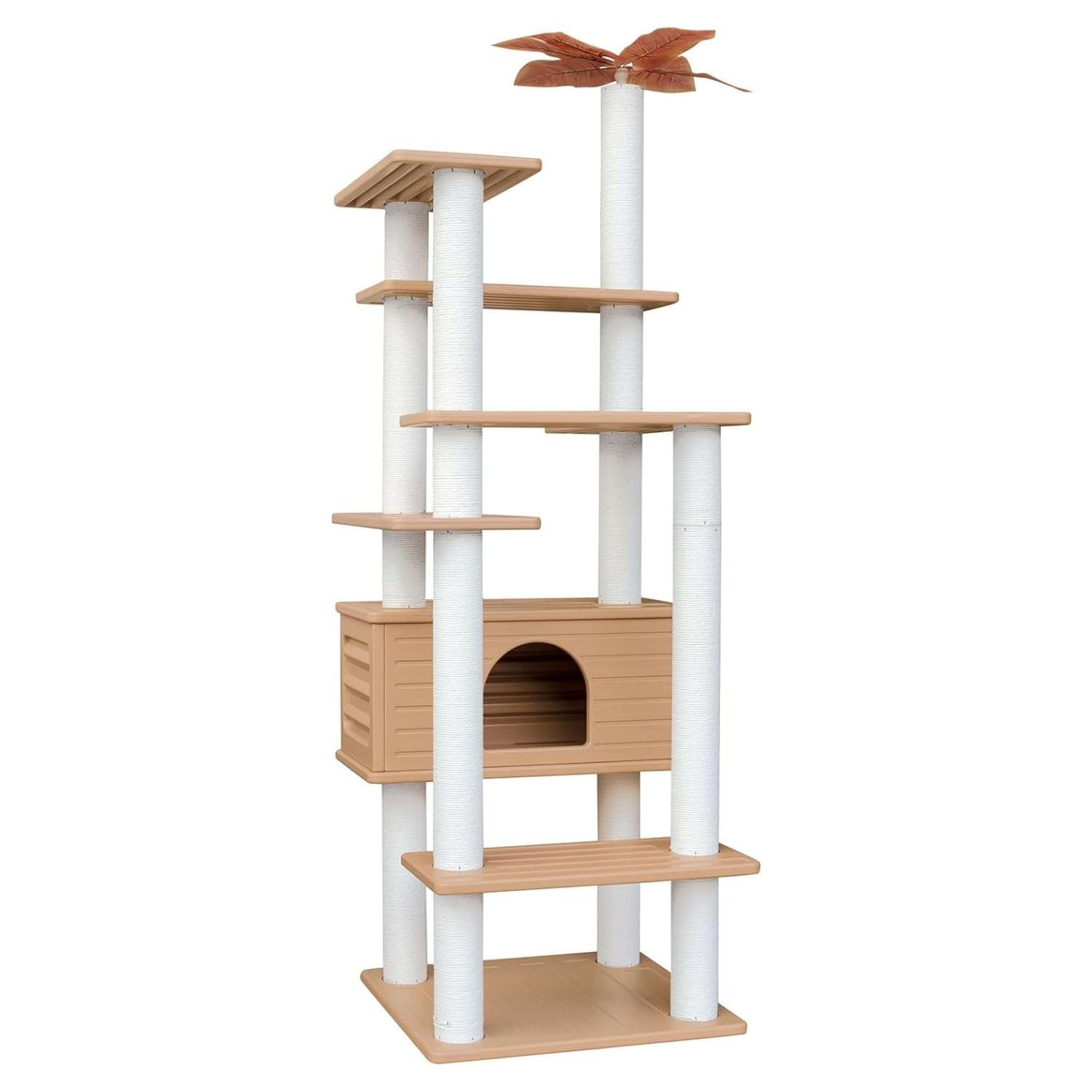 Torre rascador impermeable para gatos de 175 centimetros con casita de refugio y cuerdas lavables.