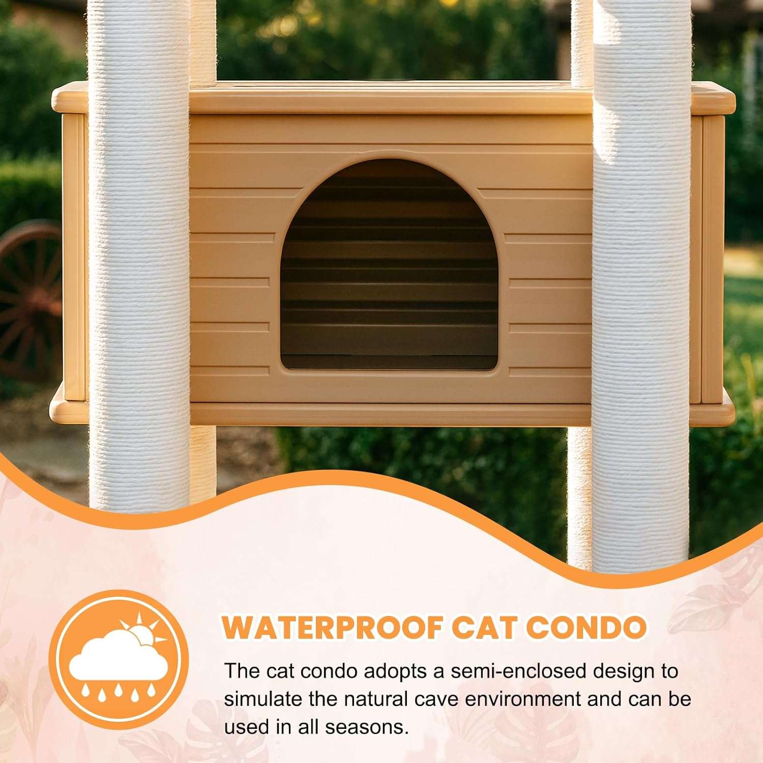 Torre rascador impermeable para gatos de 175 centimetros con casita de refugio y cuerdas lavables.