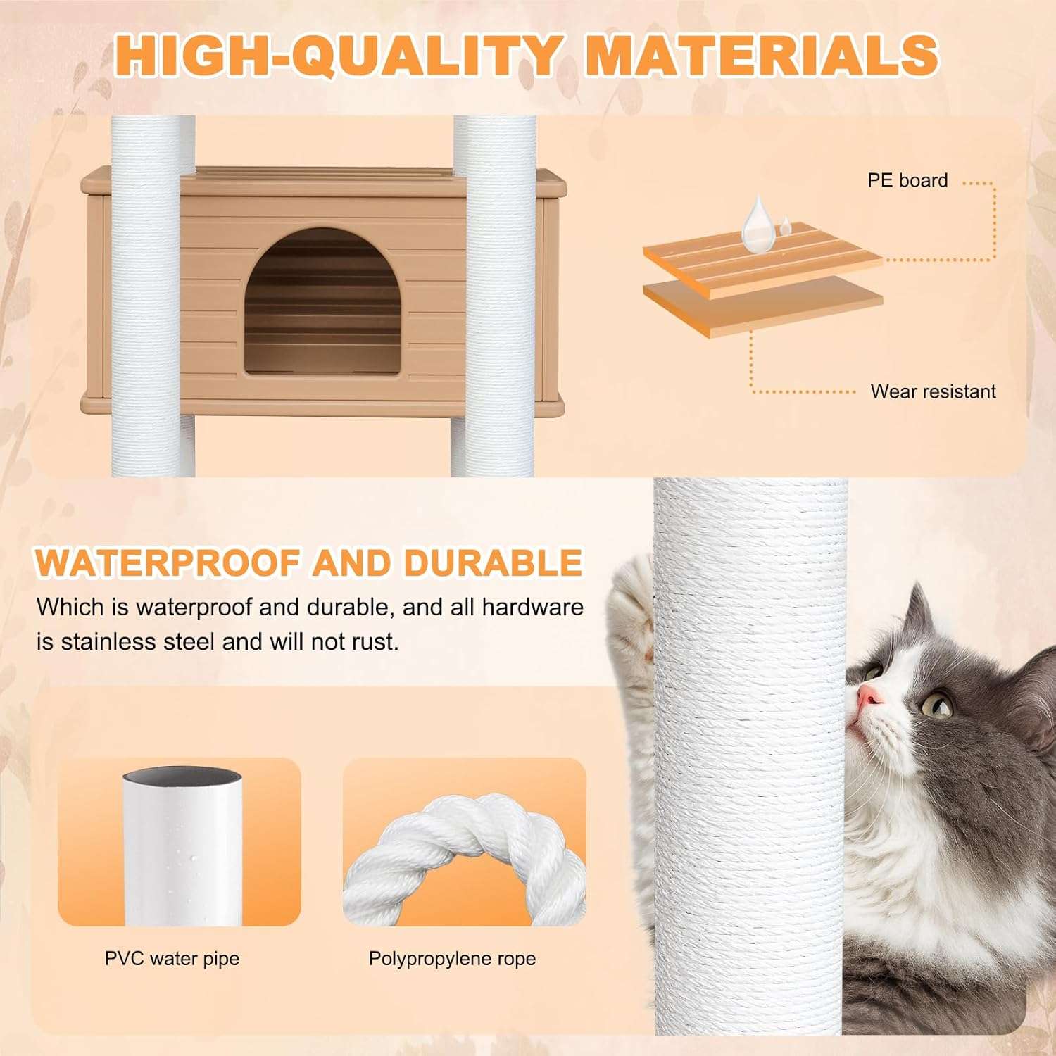 Torre rascador impermeable para gatos de 175 centimetros con casita de refugio y cuerdas lavables.