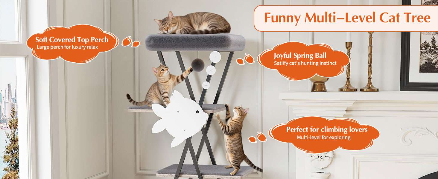 Árbol rascador de 5 niveles (145 cm de alto) con base 64x40 cm, condominio y trampolín. Postes de sisal y correa anti-vuelco para gatos activos y de cualquier edad.