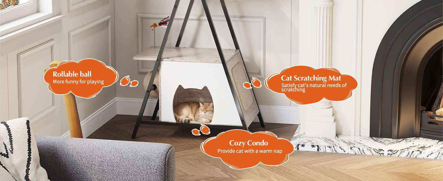 Árbol rascador de 5 niveles (145 cm de alto) con base 64x40 cm, condominio y trampolín. Postes de sisal y correa anti-vuelco para gatos activos y de cualquier edad.