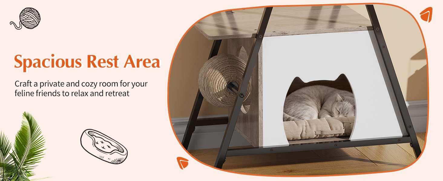 Árbol rascador de 5 niveles (145 cm de alto) con base 64x40 cm, condominio y trampolín. Postes de sisal y correa anti-vuelco para gatos activos y de cualquier edad.