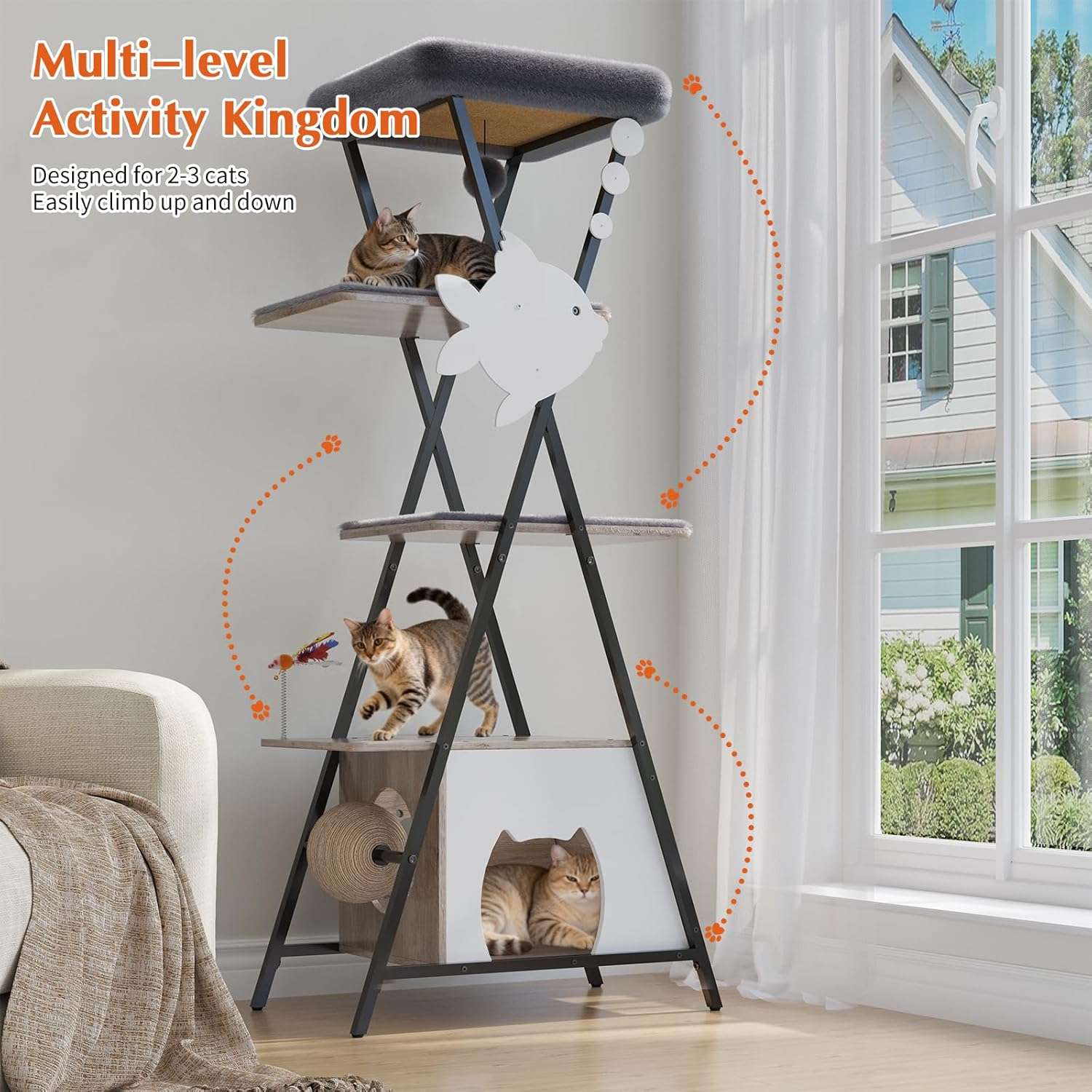 Árbol rascador de 5 niveles (145 cm de alto) con base 64x40 cm, condominio y trampolín. Postes de sisal y correa anti-vuelco para gatos activos y de cualquier edad.