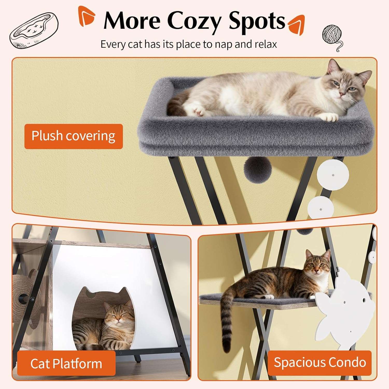 Árbol rascador de 5 niveles (145 cm de alto) con base 64x40 cm, condominio y trampolín. Postes de sisal y correa anti-vuelco para gatos activos y de cualquier edad.