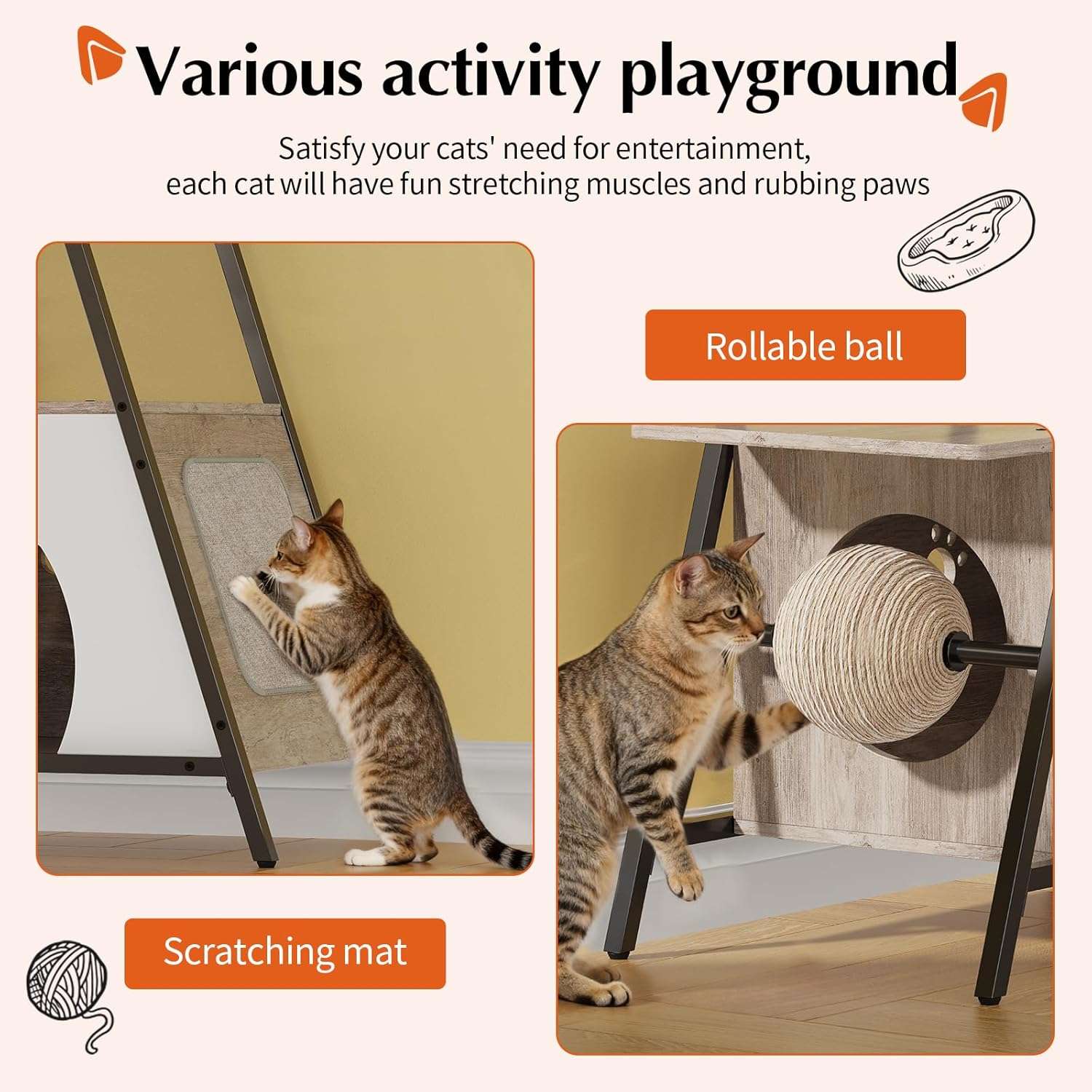 Árbol rascador de 5 niveles (145 cm de alto) con base 64x40 cm, condominio y trampolín. Postes de sisal y correa anti-vuelco para gatos activos y de cualquier edad.