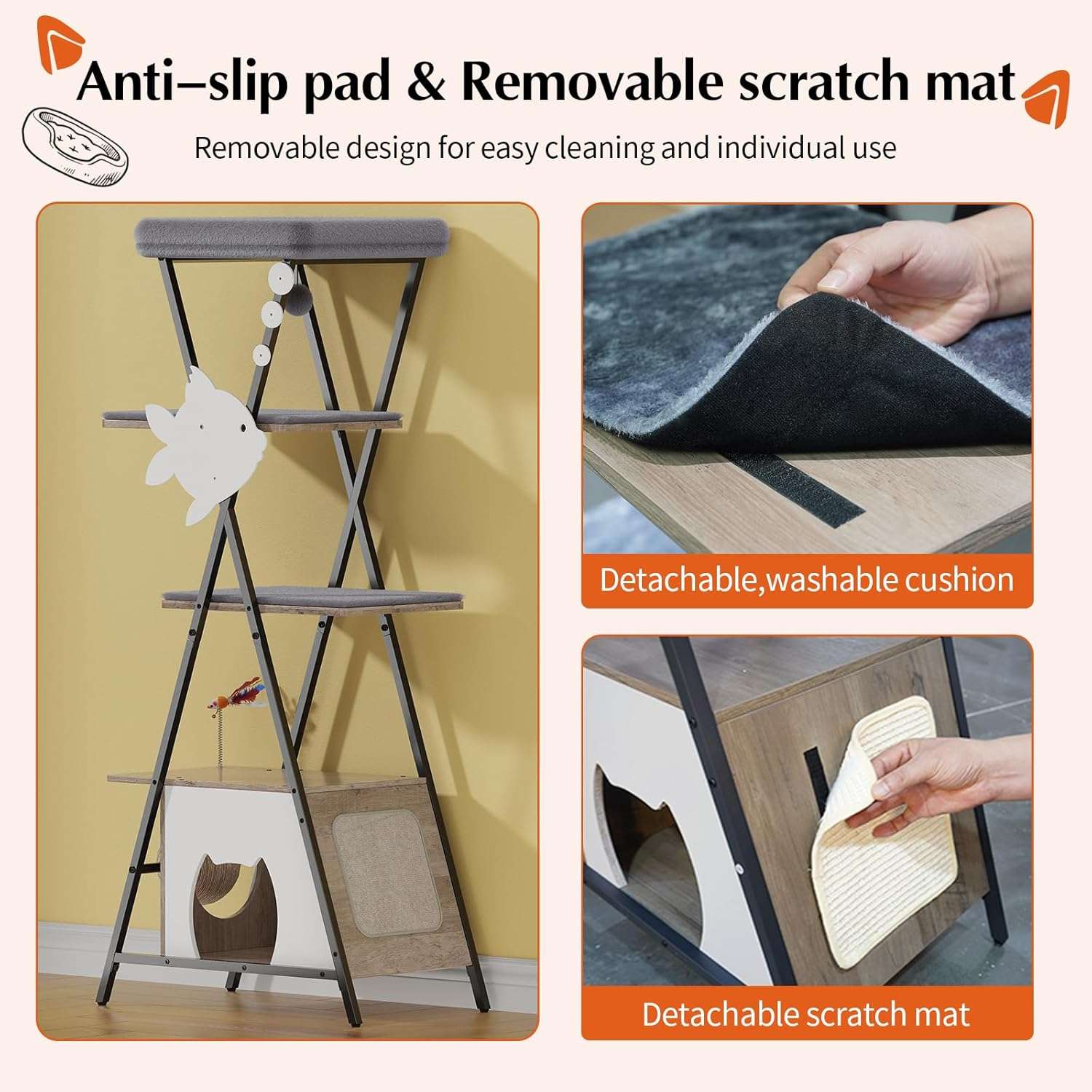 Árbol rascador de 5 niveles (145 cm de alto) con base 64x40 cm, condominio y trampolín. Postes de sisal y correa anti-vuelco para gatos activos y de cualquier edad.