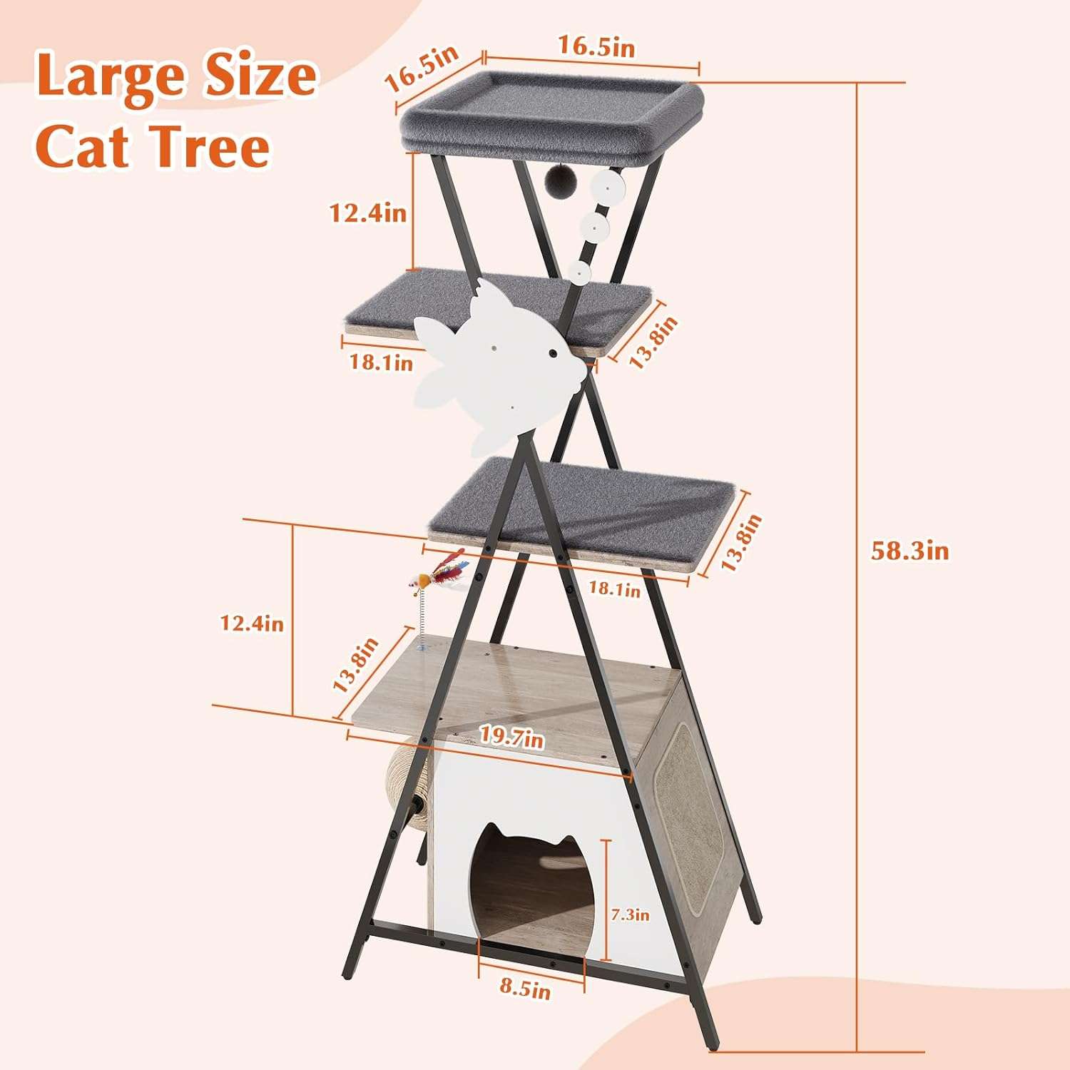Árbol rascador de 5 niveles (145 cm de alto) con base 64x40 cm, condominio y trampolín. Postes de sisal y correa anti-vuelco para gatos activos y de cualquier edad.