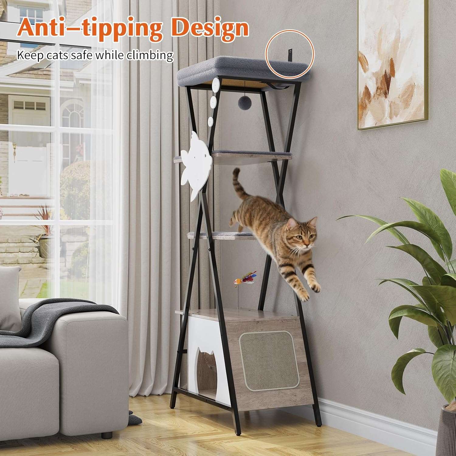 Árbol rascador de 5 niveles (145 cm de alto) con base 64x40 cm, condominio y trampolín. Postes de sisal y correa anti-vuelco para gatos activos y de cualquier edad.