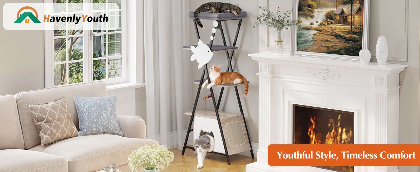 Árbol rascador de 5 niveles (145 cm de alto) con base 64x40 cm, condominio y trampolín. Postes de sisal y correa anti-vuelco para gatos activos y de cualquier edad.