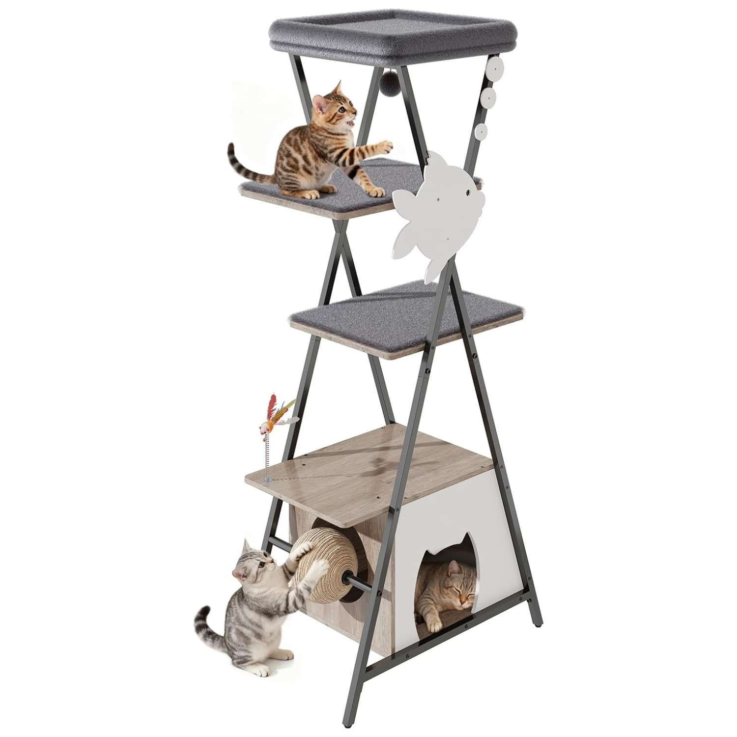 Árbol rascador de 5 niveles (145 cm de alto) con base 64x40 cm, condominio y trampolín. Postes de sisal y correa anti-vuelco para gatos activos y de cualquier edad.