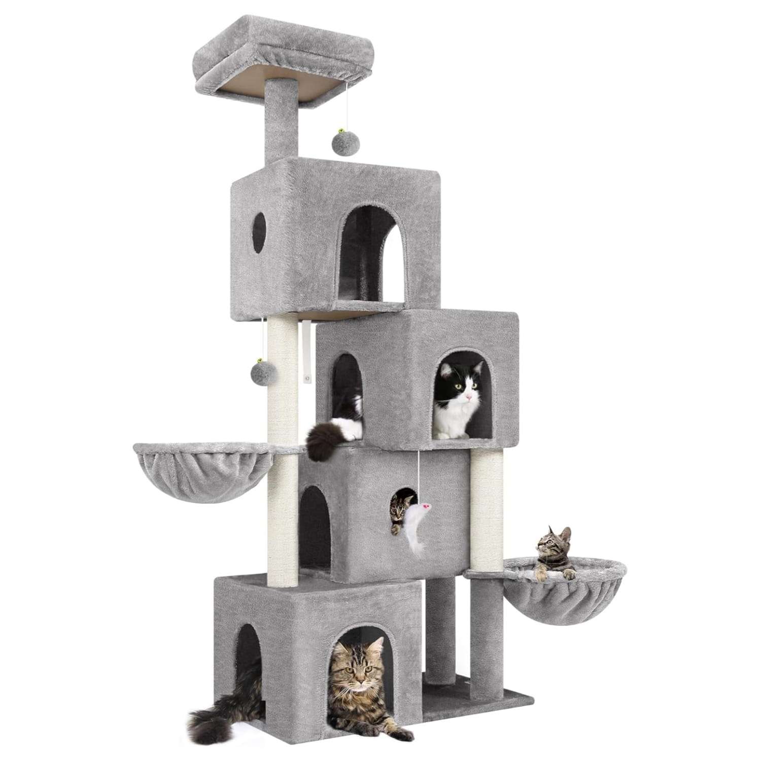 Torre moderna para gatos de 179 centimetros con cuatro condominios entrelazados tipo tunel.