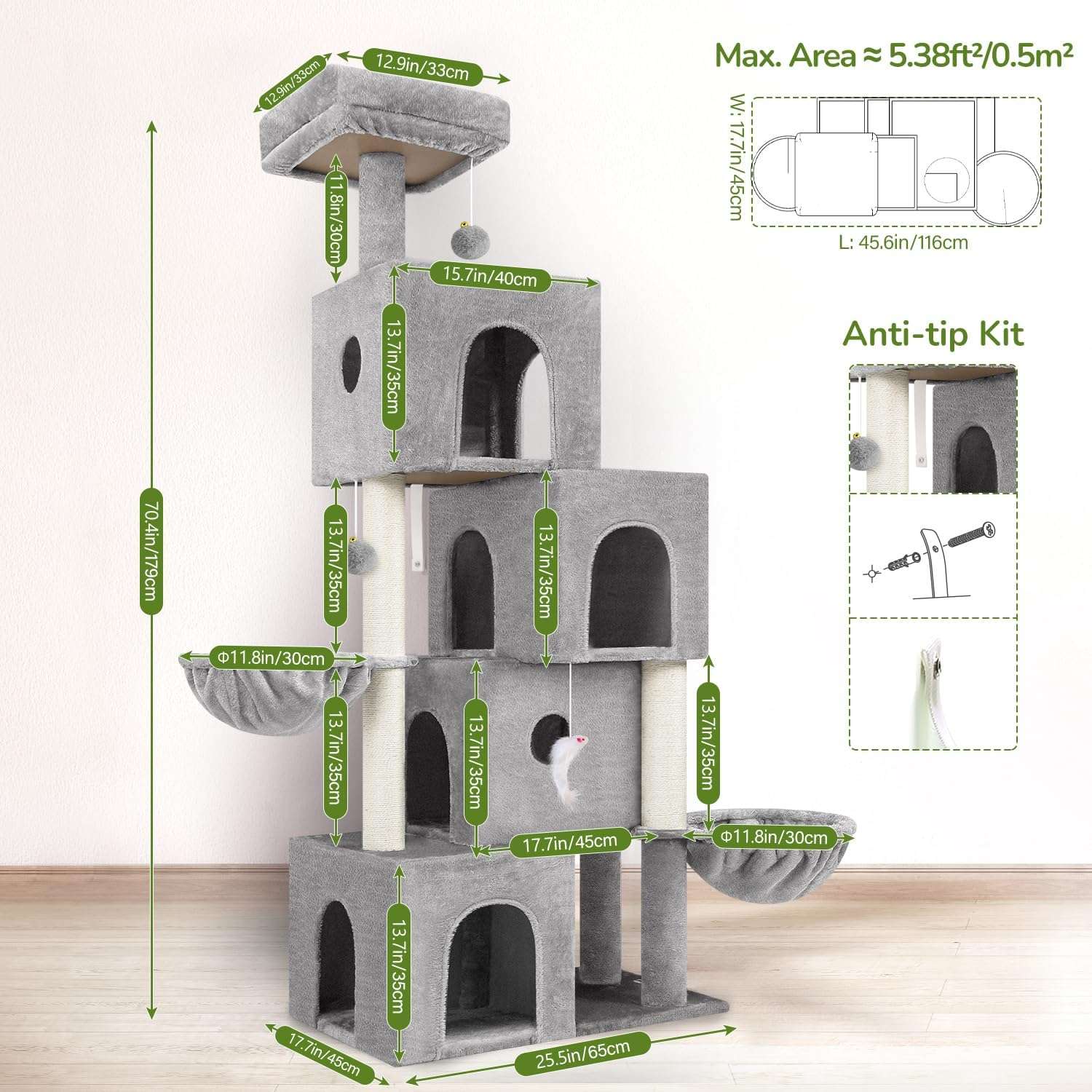 Torre moderna para gatos de 179 centimetros con cuatro condominios entrelazados tipo tunel.