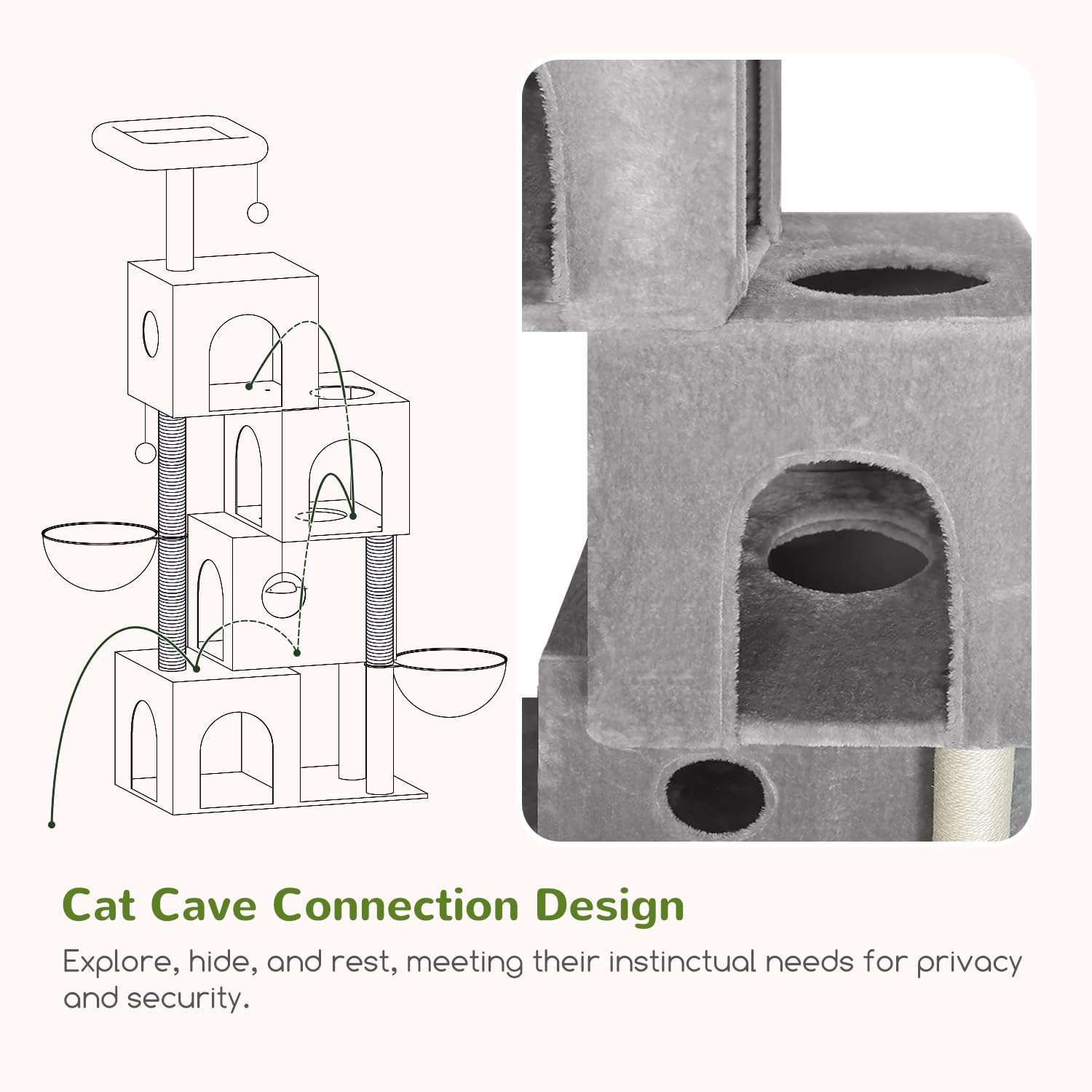 Torre moderna para gatos de 179 centimetros con cuatro condominios entrelazados tipo tunel.