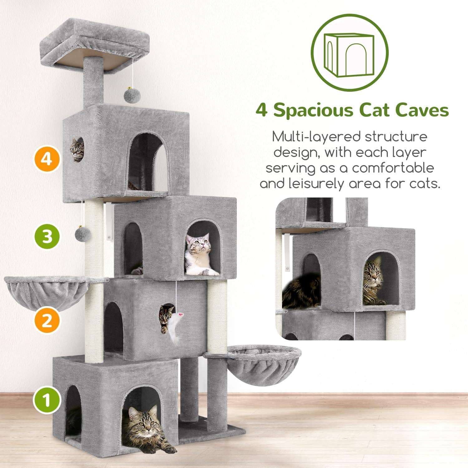Torre moderna para gatos de 179 centimetros con cuatro condominios entrelazados tipo tunel.