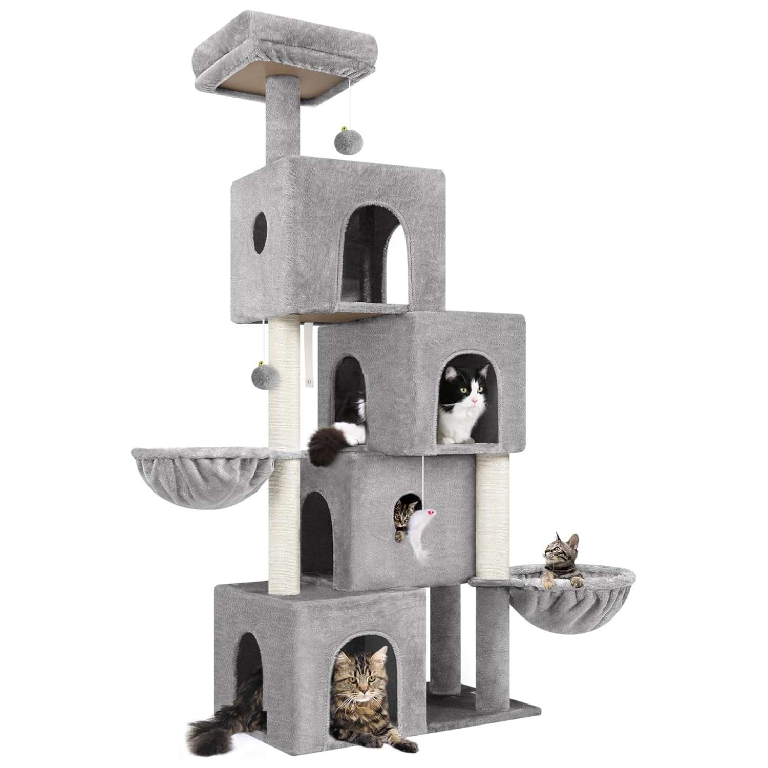 Torre para gatos de diseño moderno de 179 centimetros con cuatro condominios conectados tipo tunel y estructura estable para gatos grandes.