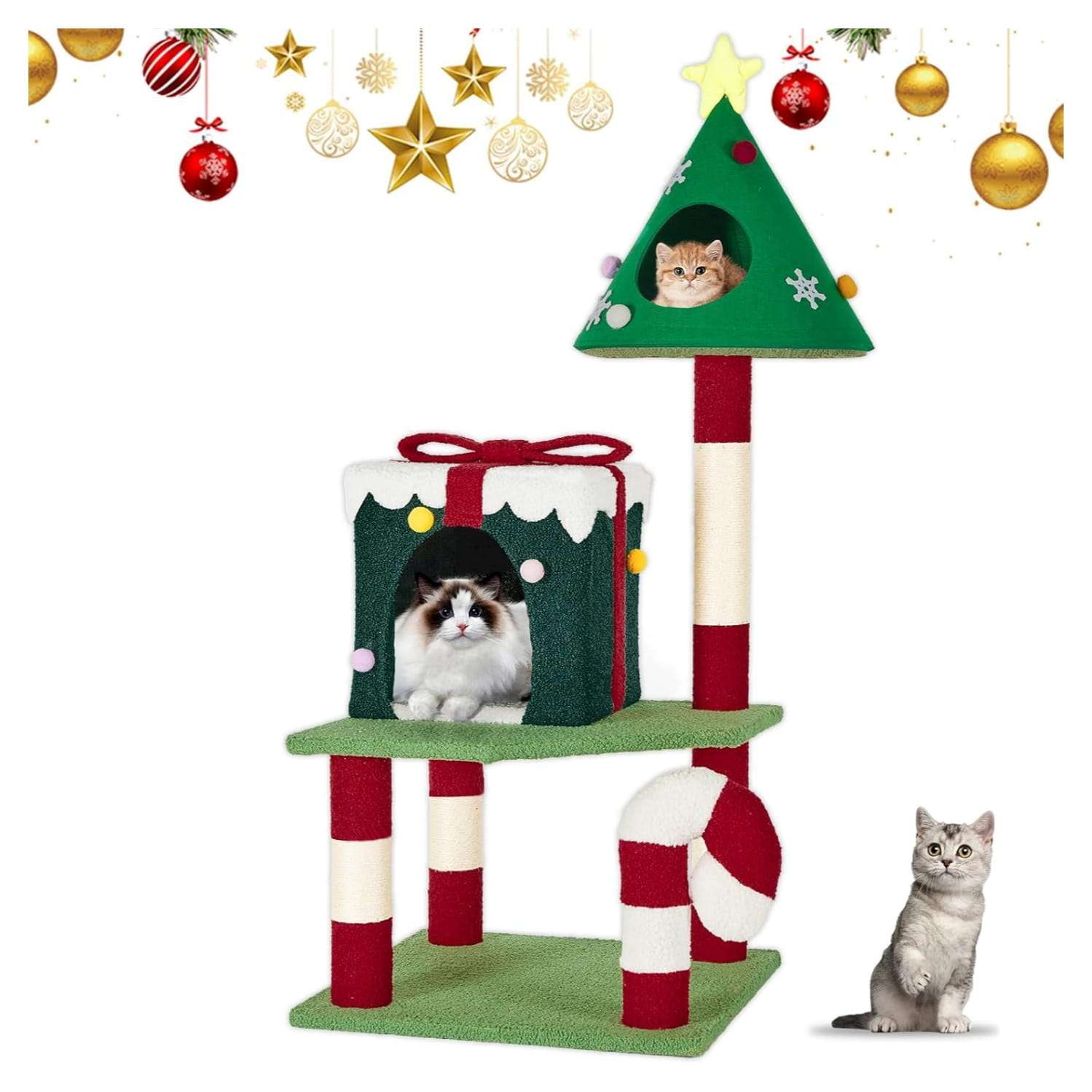 Torre de gatos multi-nivel (48x48x115 cm). Diseño navideño, 2 pisos, 4 rascadores y base anti-vuelco.