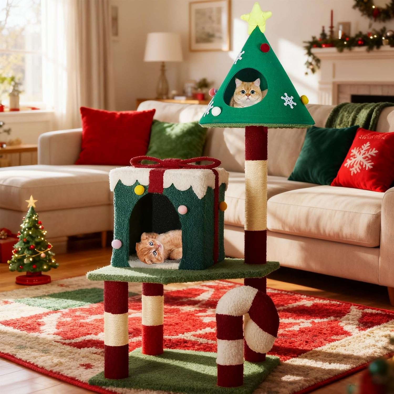 Torre de gatos multi-nivel (48x48x115 cm). Diseño navideño, 2 pisos, 4 rascadores y base anti-vuelco.