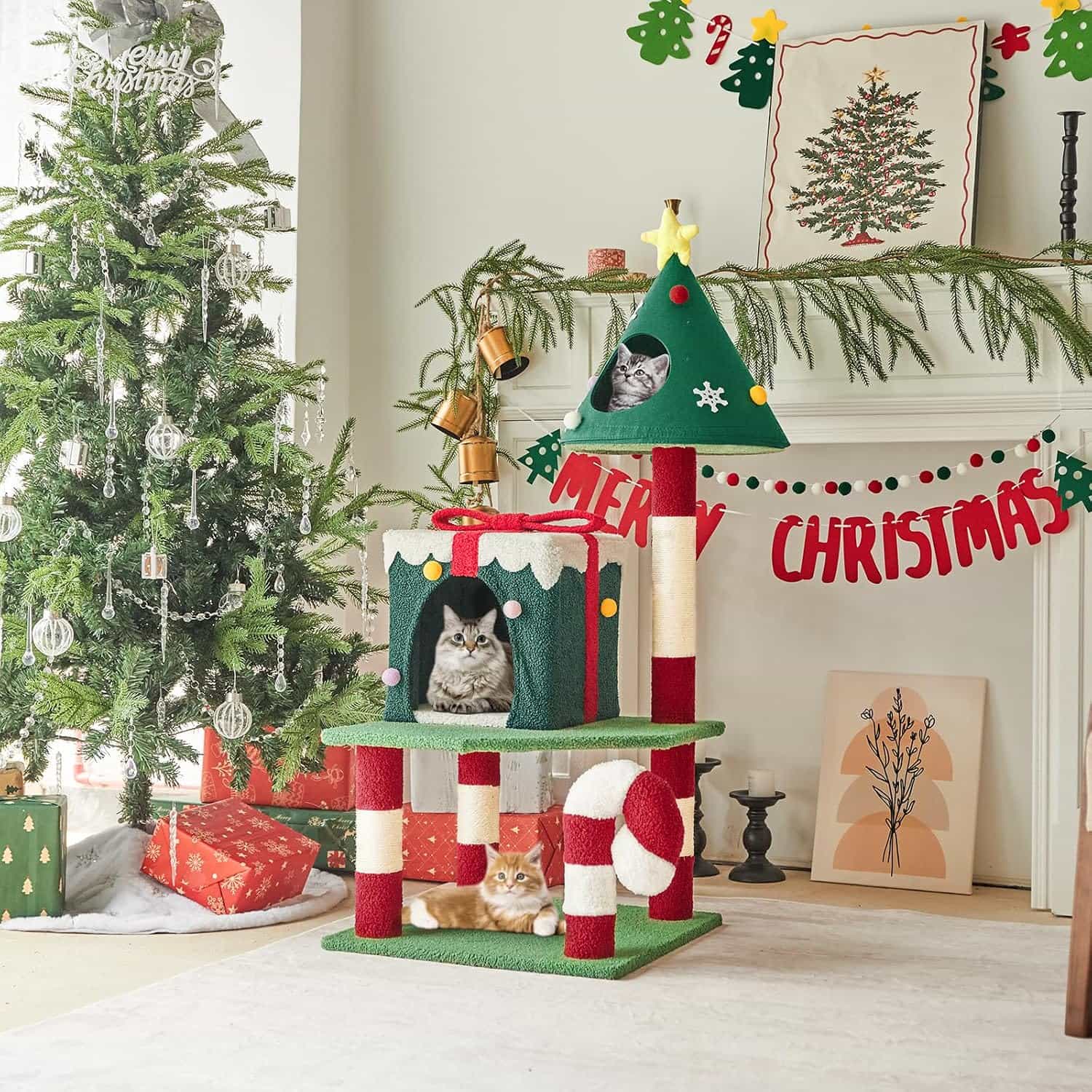 Torre de gatos multi-nivel (48x48x115 cm). Diseño navideño, 2 pisos, 4 rascadores y base anti-vuelco.