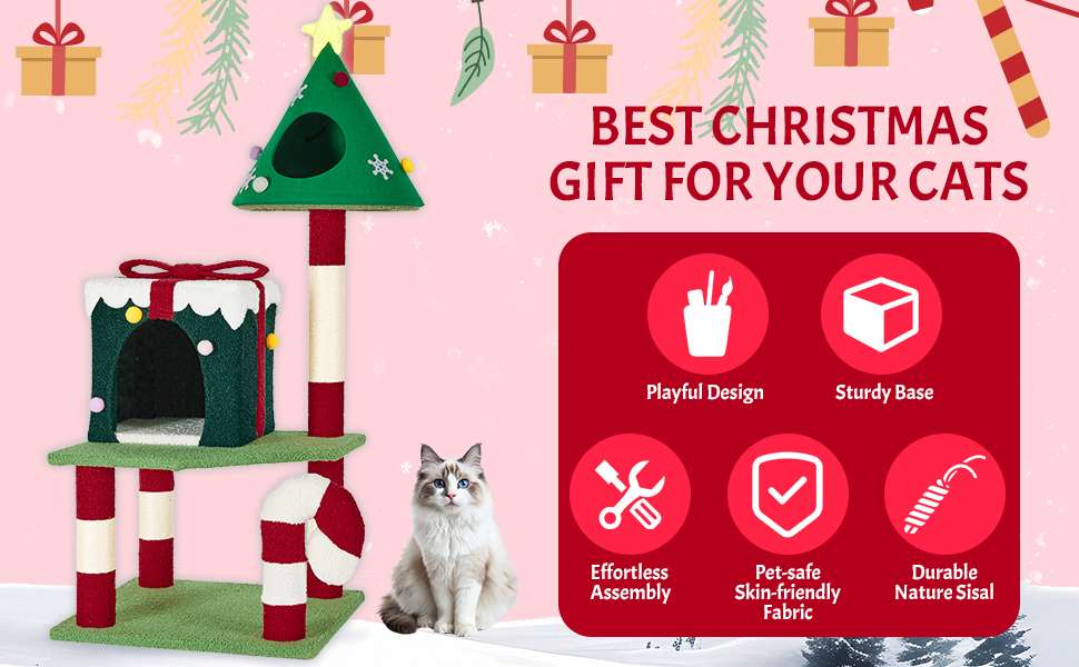 Torre de gatos multi-nivel (48x48x115 cm). Diseño navideño, 2 pisos, 4 rascadores y base anti-vuelco.