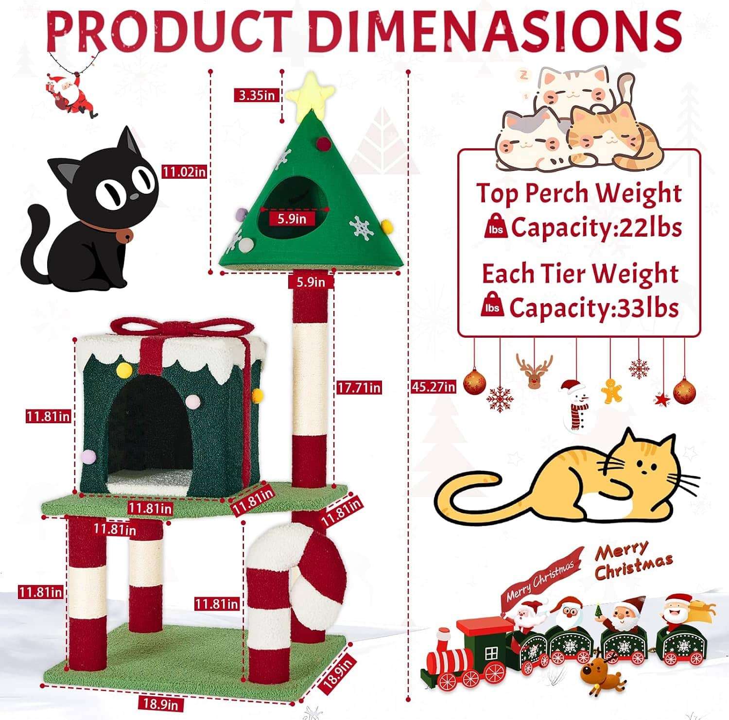 Torre de gatos multi-nivel (48x48x115 cm). Diseño navideño, 2 pisos, 4 rascadores y base anti-vuelco.