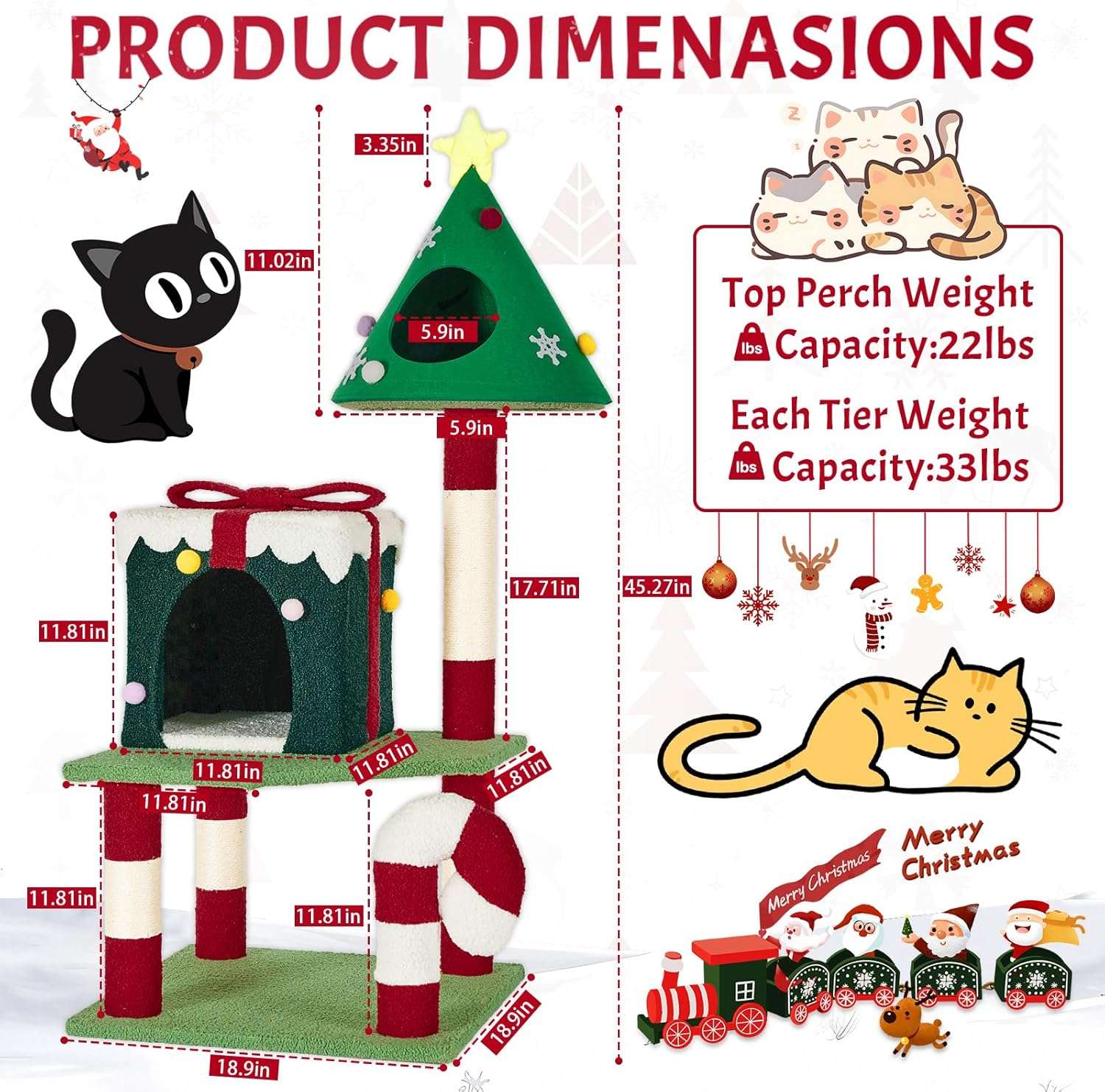 Torre de gatos multi-nivel (48x48x115 cm). Diseño navideño, 2 pisos, 4 rascadores y base anti-vuelco.