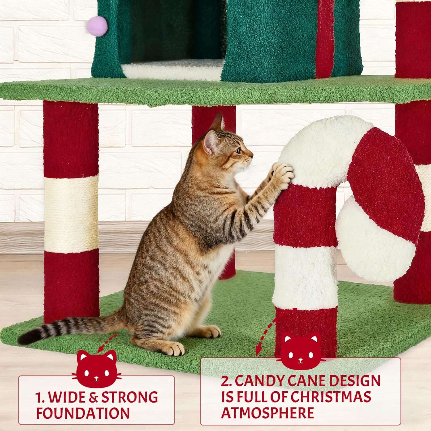Torre de gatos multi-nivel (48x48x115 cm). Diseño navideño, 2 pisos, 4 rascadores y base anti-vuelco.