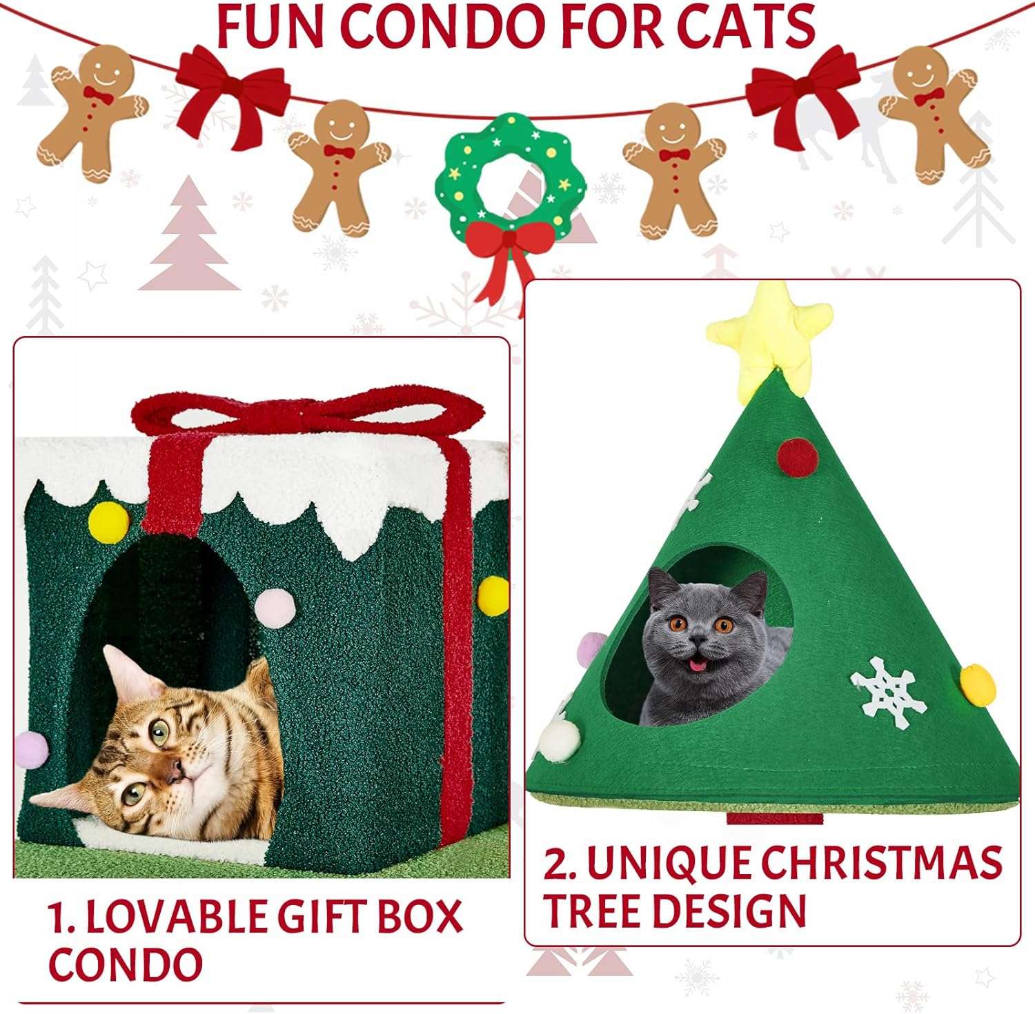 Torre de gatos multi-nivel (48x48x115 cm). Diseño navideño, 2 pisos, 4 rascadores y base anti-vuelco.