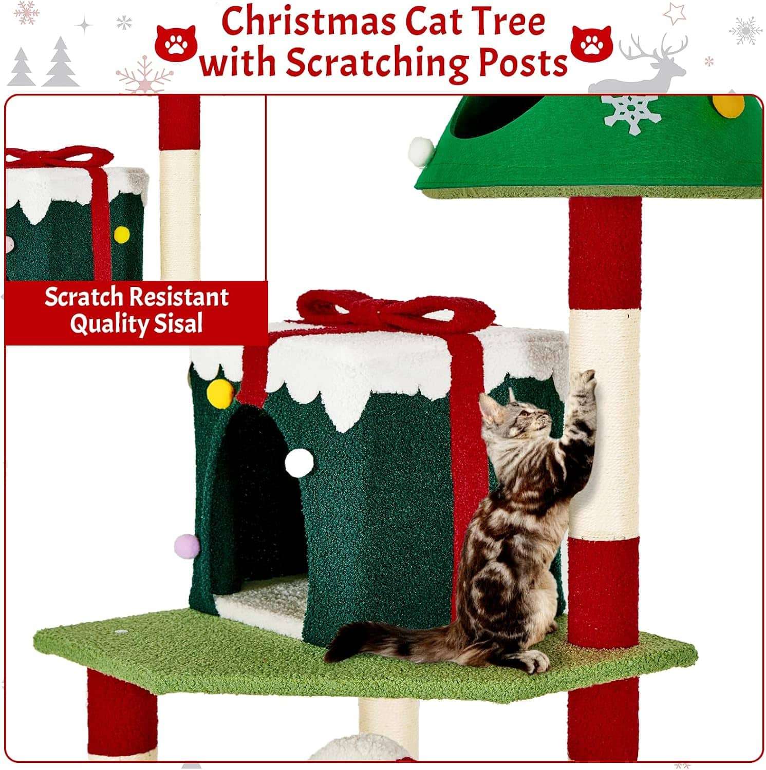 Torre de gatos multi-nivel (48x48x115 cm). Diseño navideño, 2 pisos, 4 rascadores y base anti-vuelco.