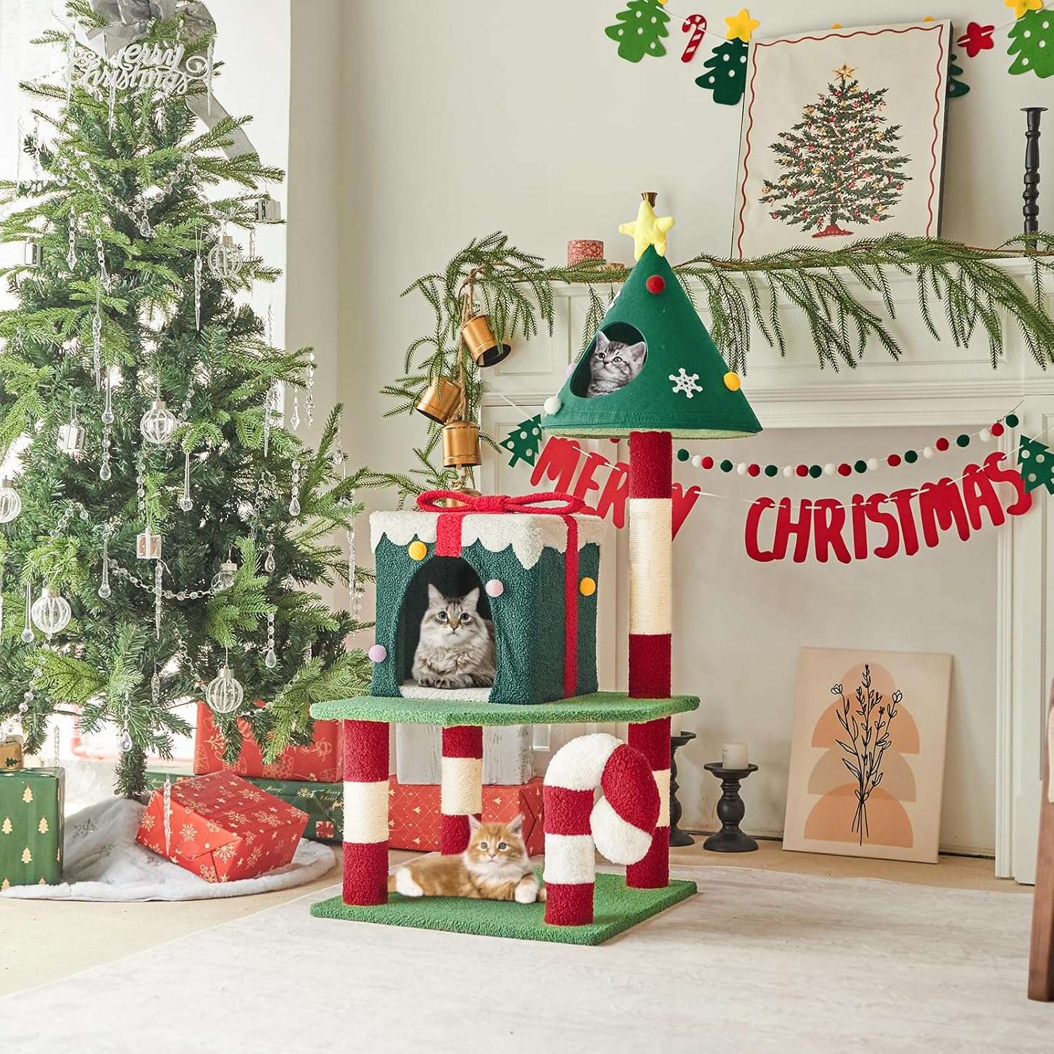 Torre de gatos multi-nivel (48x48x115 cm). Diseño navideño, 2 pisos, 4 rascadores y base anti-vuelco.