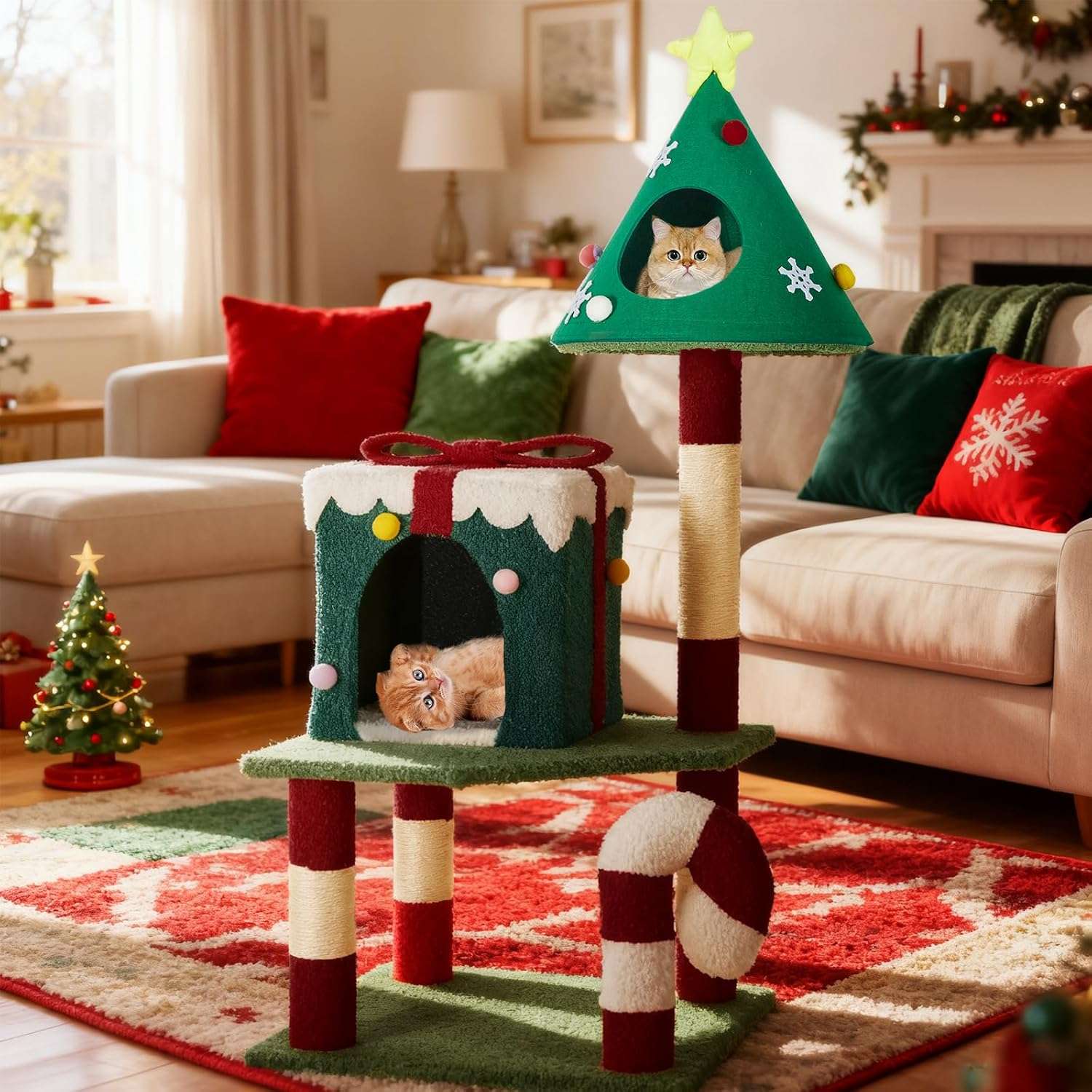 Torre de gatos multi-nivel (48x48x115 cm). Diseño navideño, 2 pisos, 4 rascadores y base anti-vuelco.
