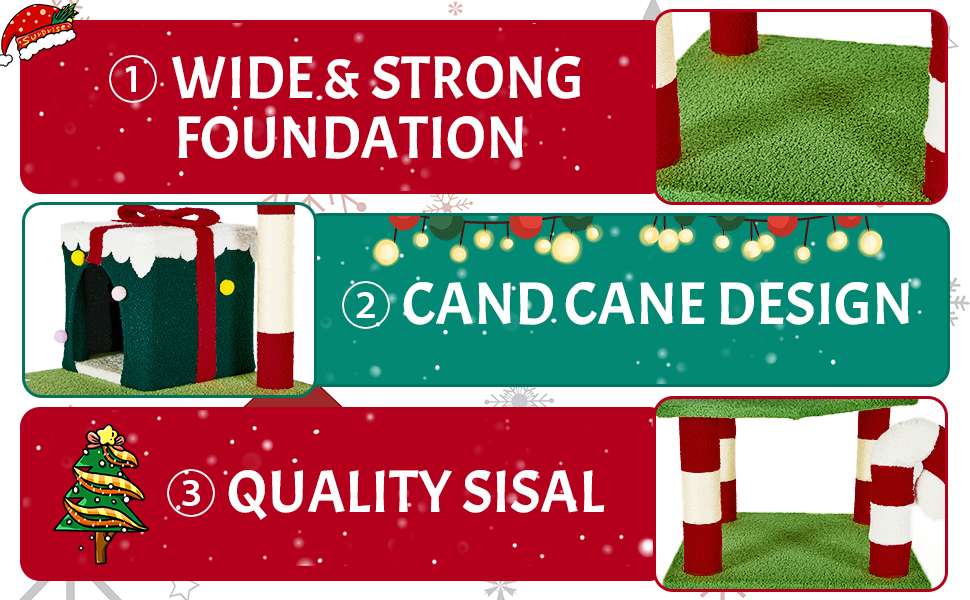 Torre de gatos multi-nivel (48x48x115 cm). Diseño navideño, 2 pisos, 4 rascadores y base anti-vuelco.